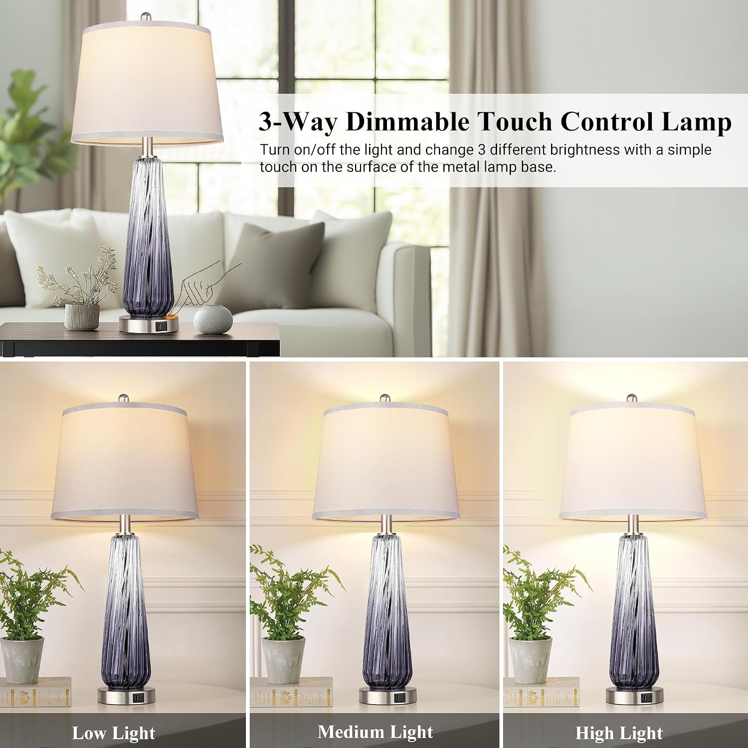 Glass Table Lamps Set of 2, Modern Bedside Lamps for Bedrooms with USB A+C Ports, 3-Way Dimmable Touch Control Nightstand Lamp with White…