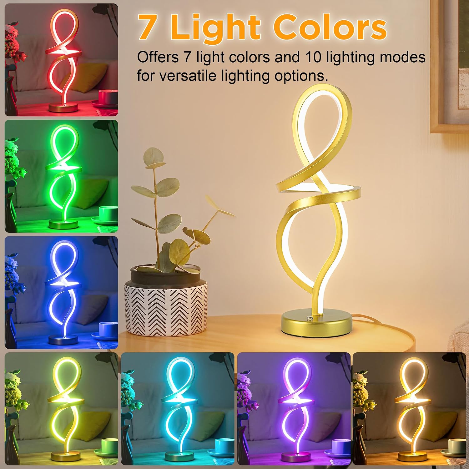 Mayful Modern RGB Table Lamp with 15W LED Unique Spiral Design, Gold Small Nightstand Lamp & Bedside Lamps, Touch Dimmable with 7 Colors…