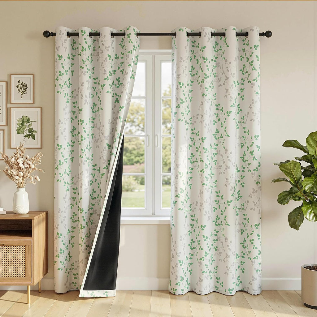 Meetsky 95% Blackout Curtains for Bedroom, Green and Grey Leaf Curtains 84 Inches Long 2 Panels, Patterned Curtain Living Room Thermal Insu…