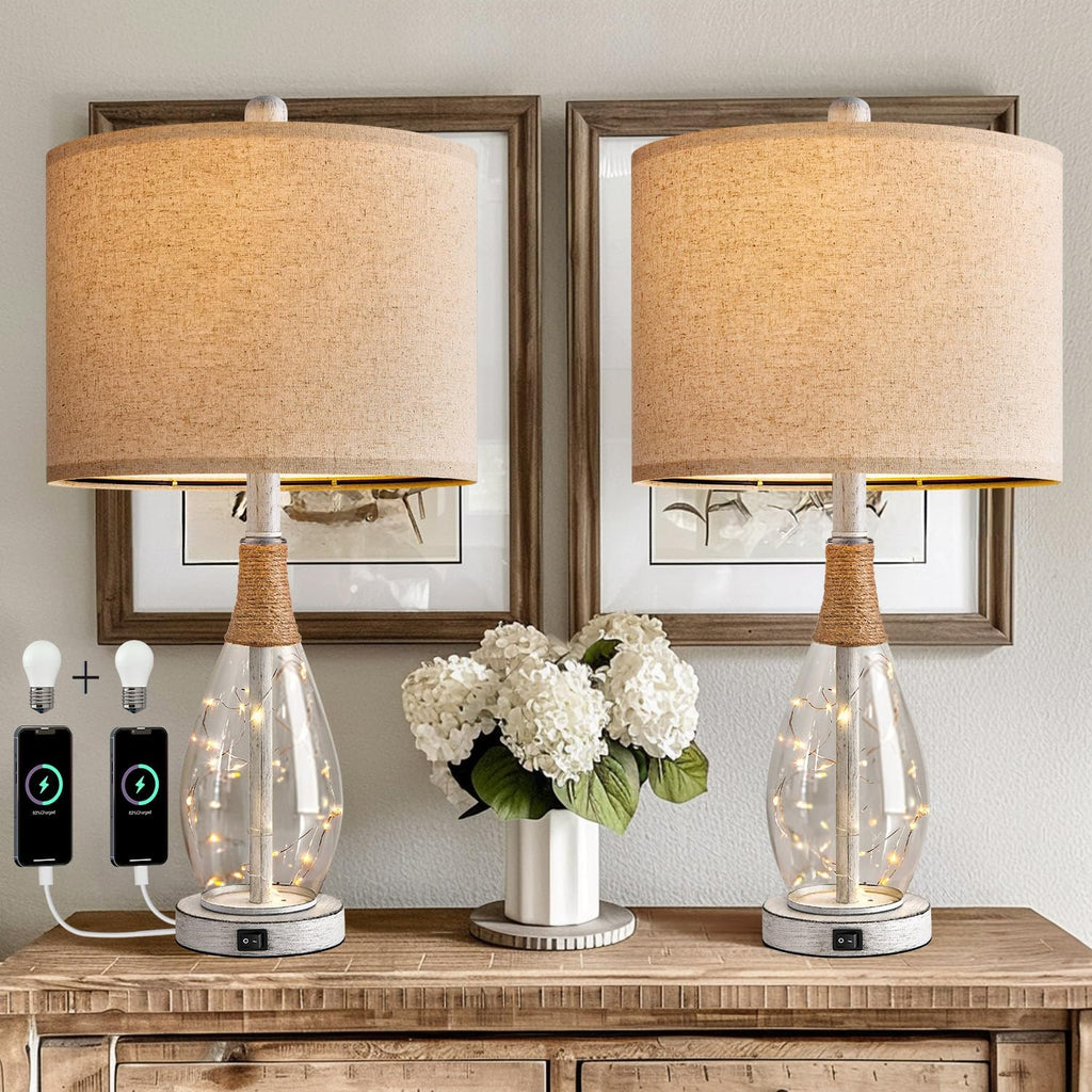 OYEARS 23" Table Lamps for Living Room Set of 2 Bedside Lamps for Night Stands Bedroom Lamps Farmhouse Rattan Boho Lamp Glass Nightlight…