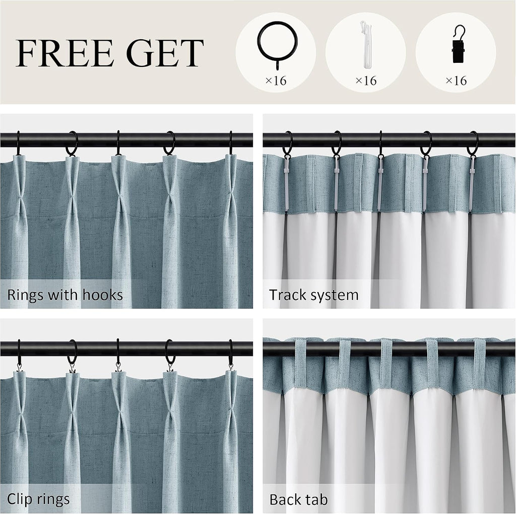 Boodii Blue 108 Inches Long 100% Blackout Linen Pinch Pleated Curtains Thermal Insulate 2 Panels Set for Living Room Bedroom Farmhouse Back…