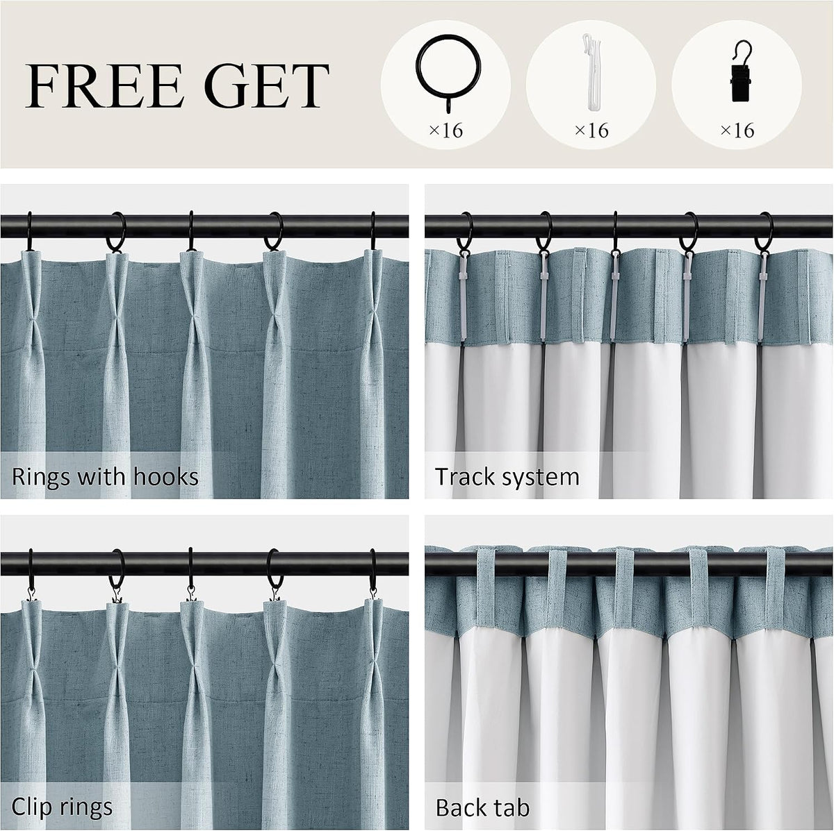 Boodii Blue 100% Blackout Linen Pinch Pleated Curtains Extra Long 112 Inches Long for Living Room Bedroom 2 Panels Set Room Darkening Clip…