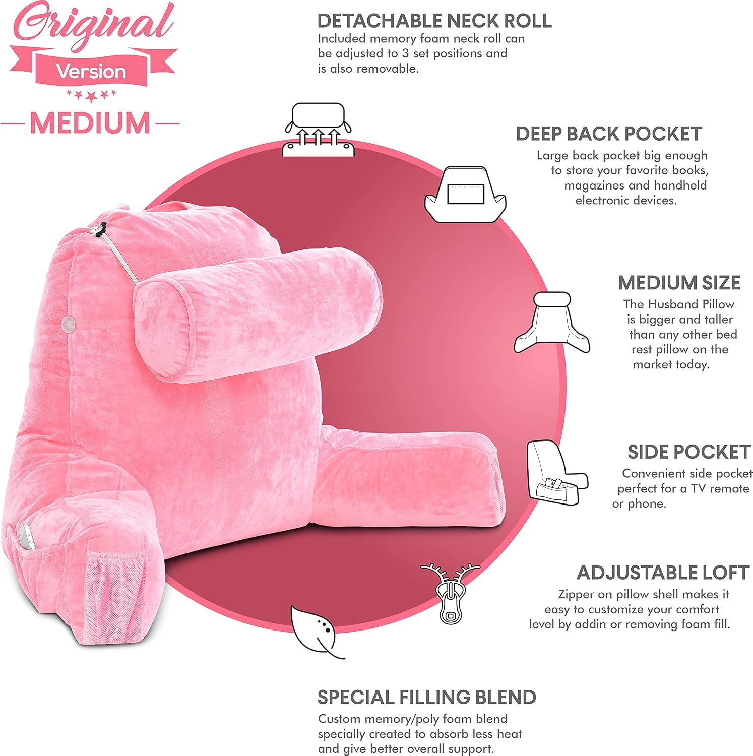 HusbandPillow Husband Pillow Medium Reading Pillow with Arms - 23" Backrest for Sitting Up in Bed - Firm Support Bed Rest Pillow for Adults…