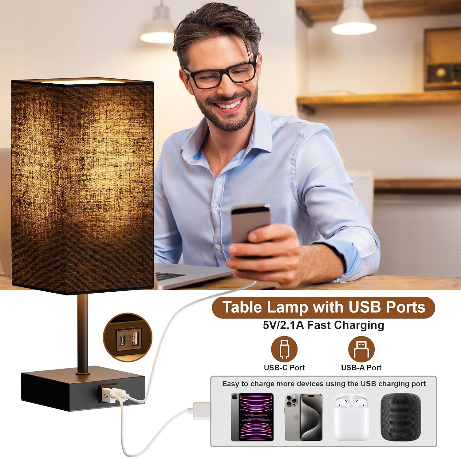 Bedside Table Lamps Set of 2, Touch Bedroom Lamp with USB C+A Charging Ports, 3 Way Dimmable Lamps for Night Stands, Small Table Lamp for…