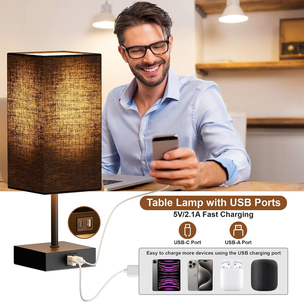 Sailstar Table Lamp for Bedroom, 3 Way Dimmable Touch Bedside Lamp, Small Lamp with 2 USB C+A Charging Ports, Black Nightstand Lamps for En…