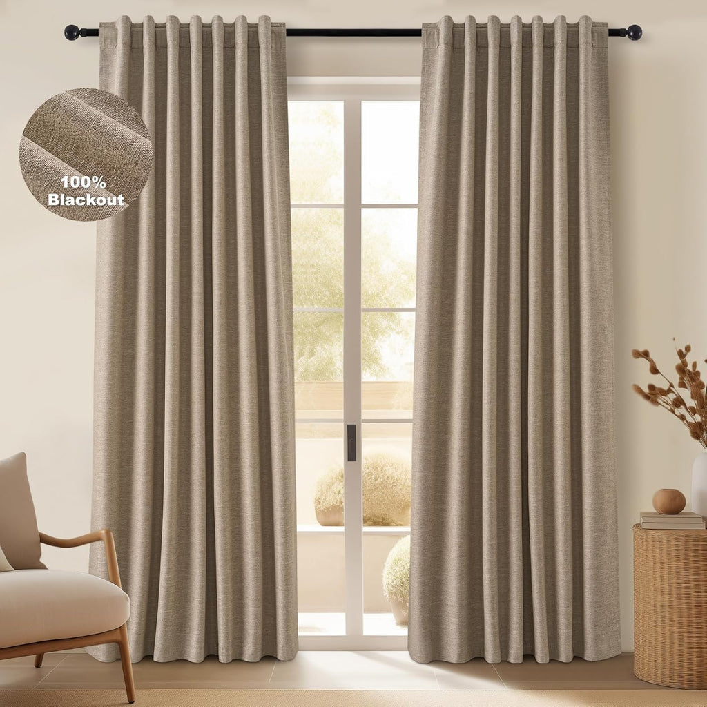 Topfinel 94 Inches Long Taupe Flax Custom Blackout Linen Curtains, Viral Ivory Pinch Pleated Noise Cancelling Curtains with Pin Hooks for T…