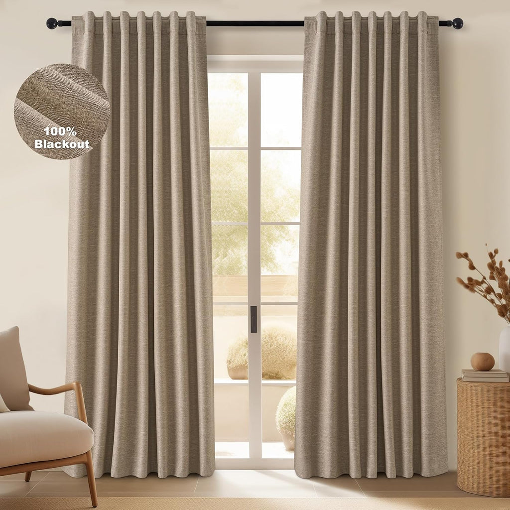 Topfinel Greige 90 Inches Long Blackout Natural Linen Curtains for Bedroom, Chocolate Brown Pinch Pleat Sound Blocking Curtains, Neutral Fa…