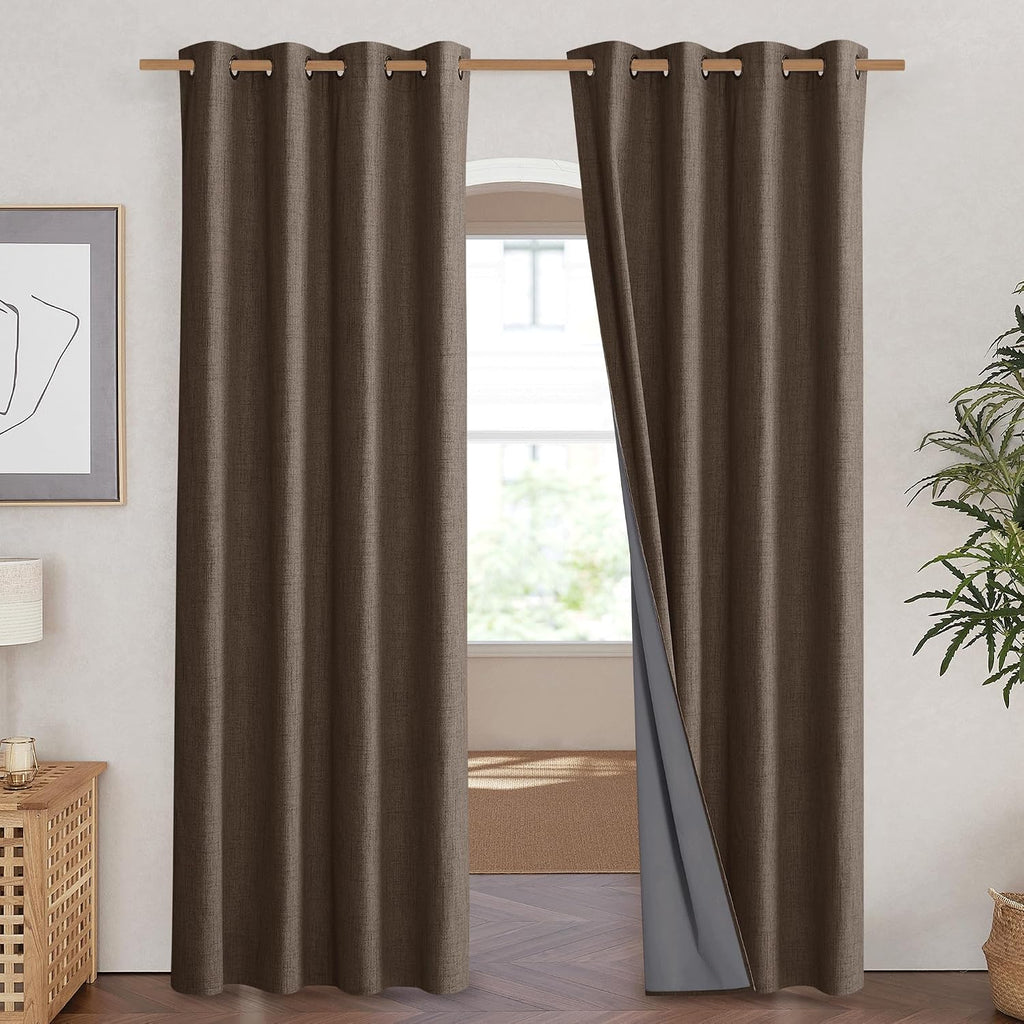 NICETOWN Coffee Vintage Linen 100% Blackout Curtains for Living Room, Thermal Insulated Curtains 90" Long, Noise Reducing Window…