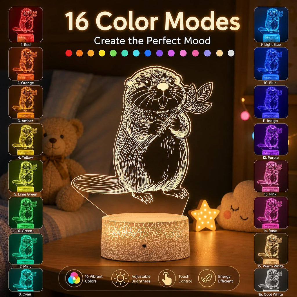 Beaver Night Light, Remote, 16 Colors Changing RGB Flashing Mode Dimmable LED Illusion Lamp, Birthday Holiday Gifts for Boys Girls Teens…