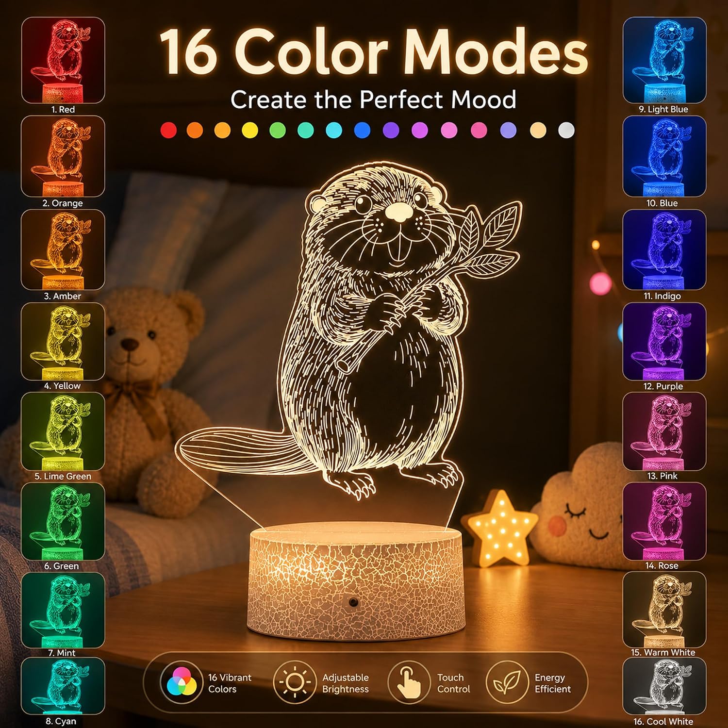 Beaver Night Light, Remote, 16 Colors Changing RGB Flashing Mode Dimmable LED Illusion Lamp, Birthday Holiday Gifts for Boys Girls Teens…