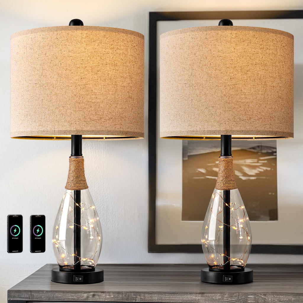 OYEARS 23" Table Lamps for Living Room Set of 2 Bedside Lamps for Night Stands Bedroom Lamps Farmhouse Rattan Boho Lamp Glass Nightlight…