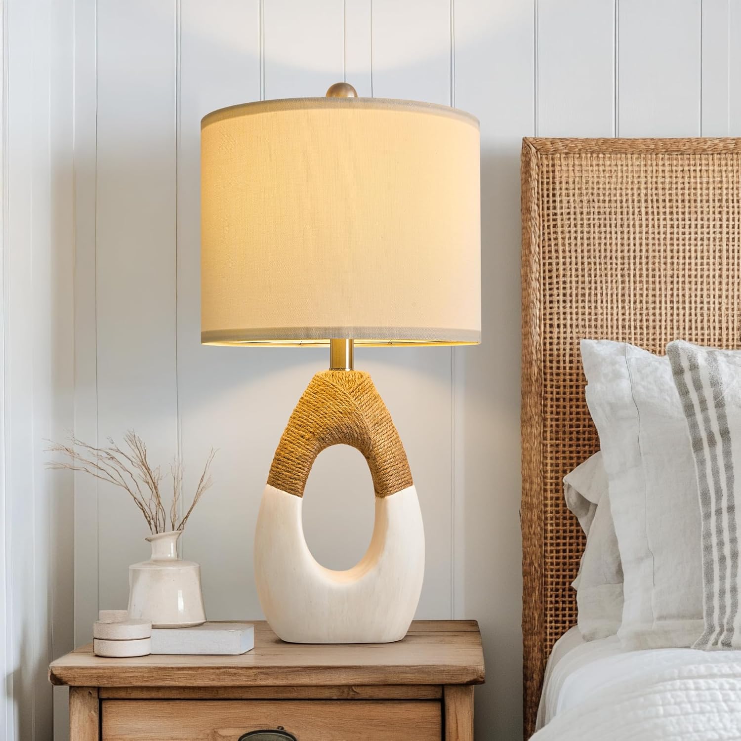 OYEARS 22” Boho Table Lamps for Bedroom Living Room Upgraded Set of 2 Medium Farmhouse Rattan Table Lamps, Rustic Home Decoration…