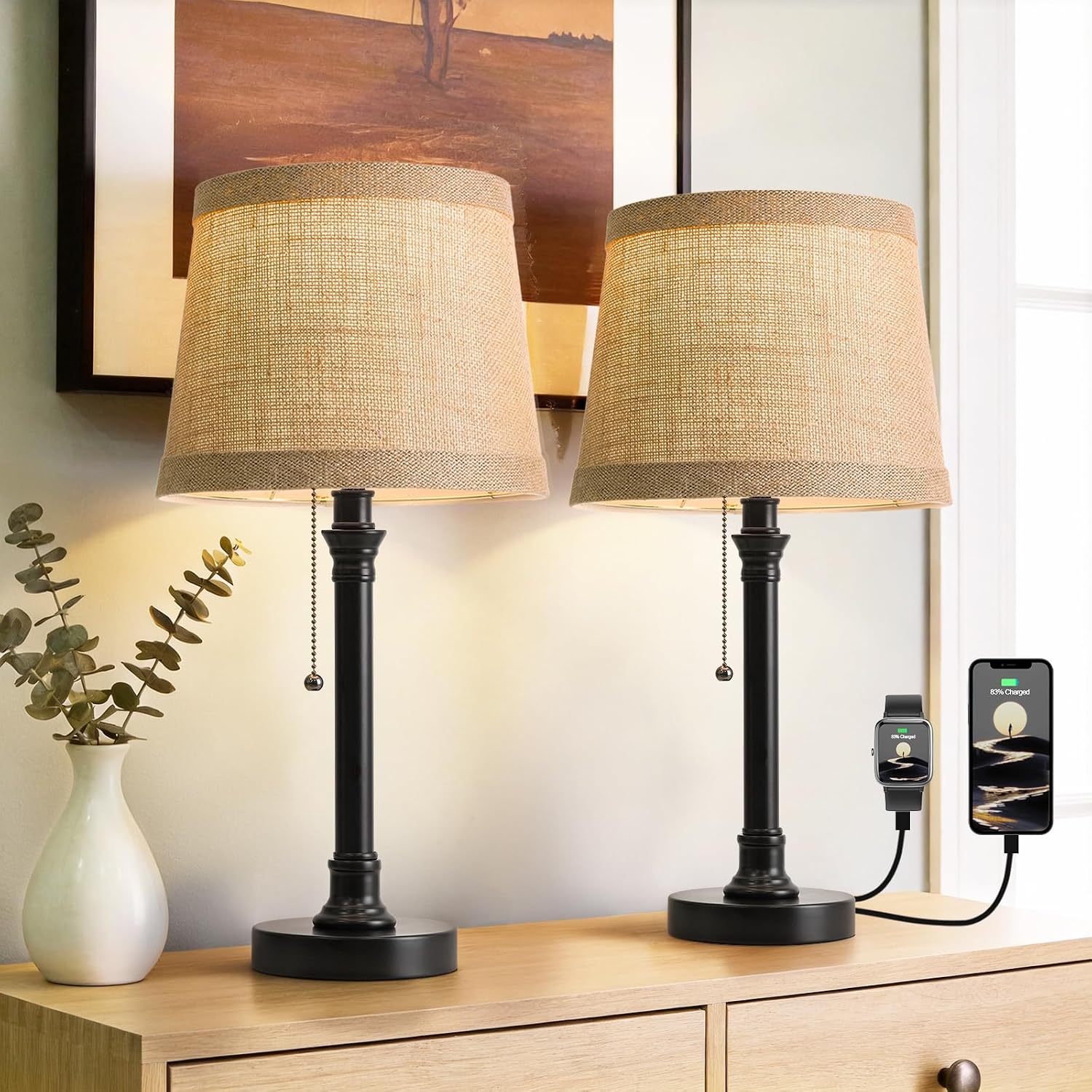 Oneach 19.5" Black Table Lamp Set of 2, Small Bedside Table Lamps with Unique Natural Shade, Pull Chain Switch, USB A+C Charging Ports…