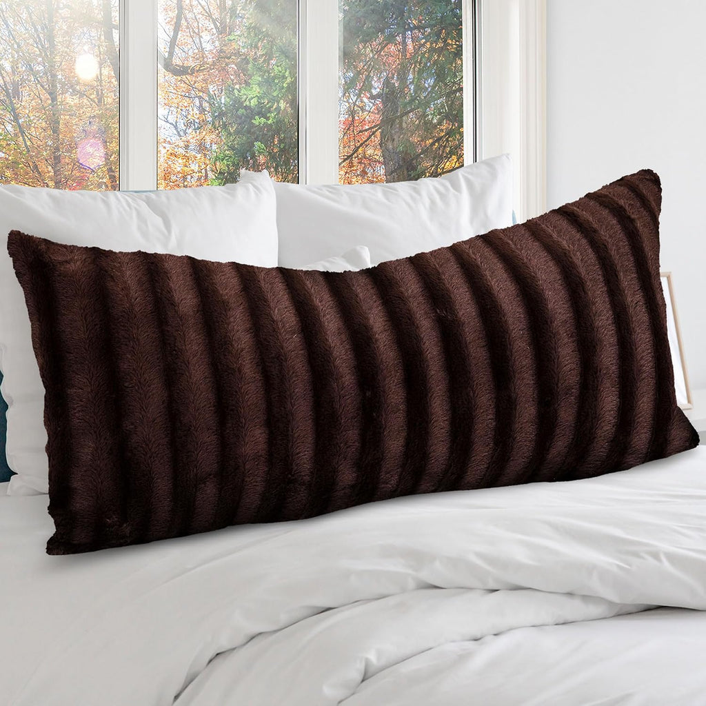 Cheer Collection Faux Fur Long Body Pillow - Accent Throw Pillow for Bed and Couch - Decorative Lumbar Pillow with Insert, Chocolate…