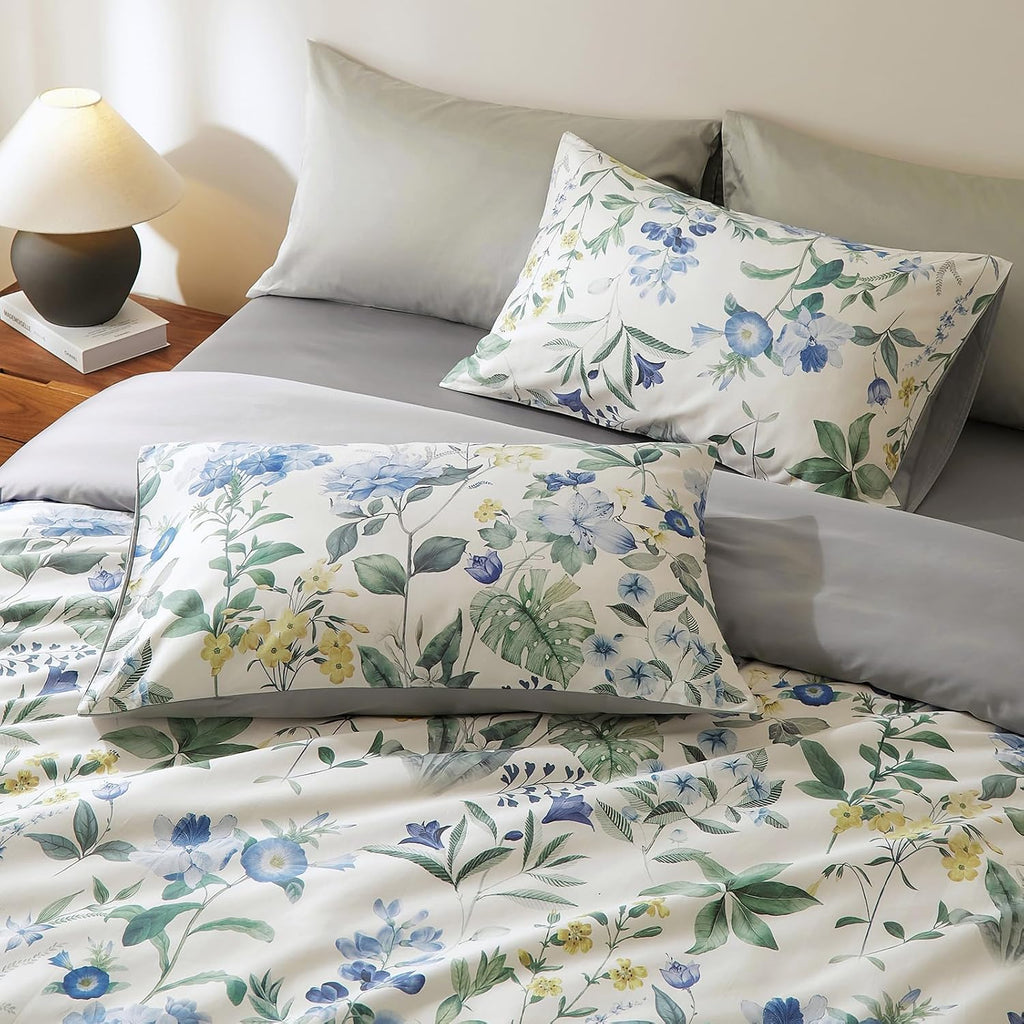 mixinni Reversible Floral Duvet Cover Set King Size, 3 Piece Blue Green Botanical Bedding Set with Zipper Closure & 4 Corner Ties, Farmhous…
