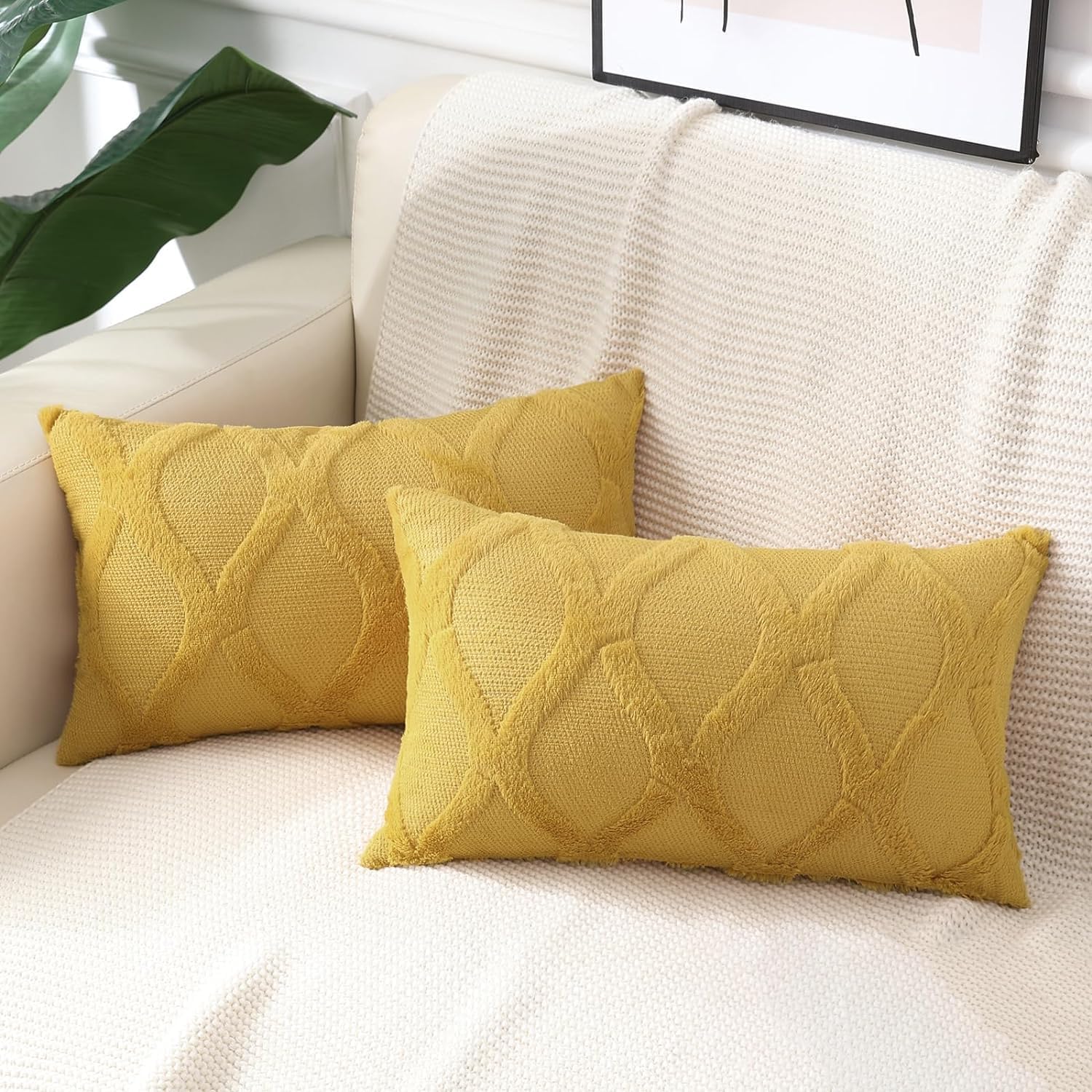 decorUhome Summer Throw Pillow Covers 12x20 Inch Set of 2, Soft Plush Faux Fur Wool Lumbar Mustard Yellow Accent Couch Pillow Covers for Mo…
