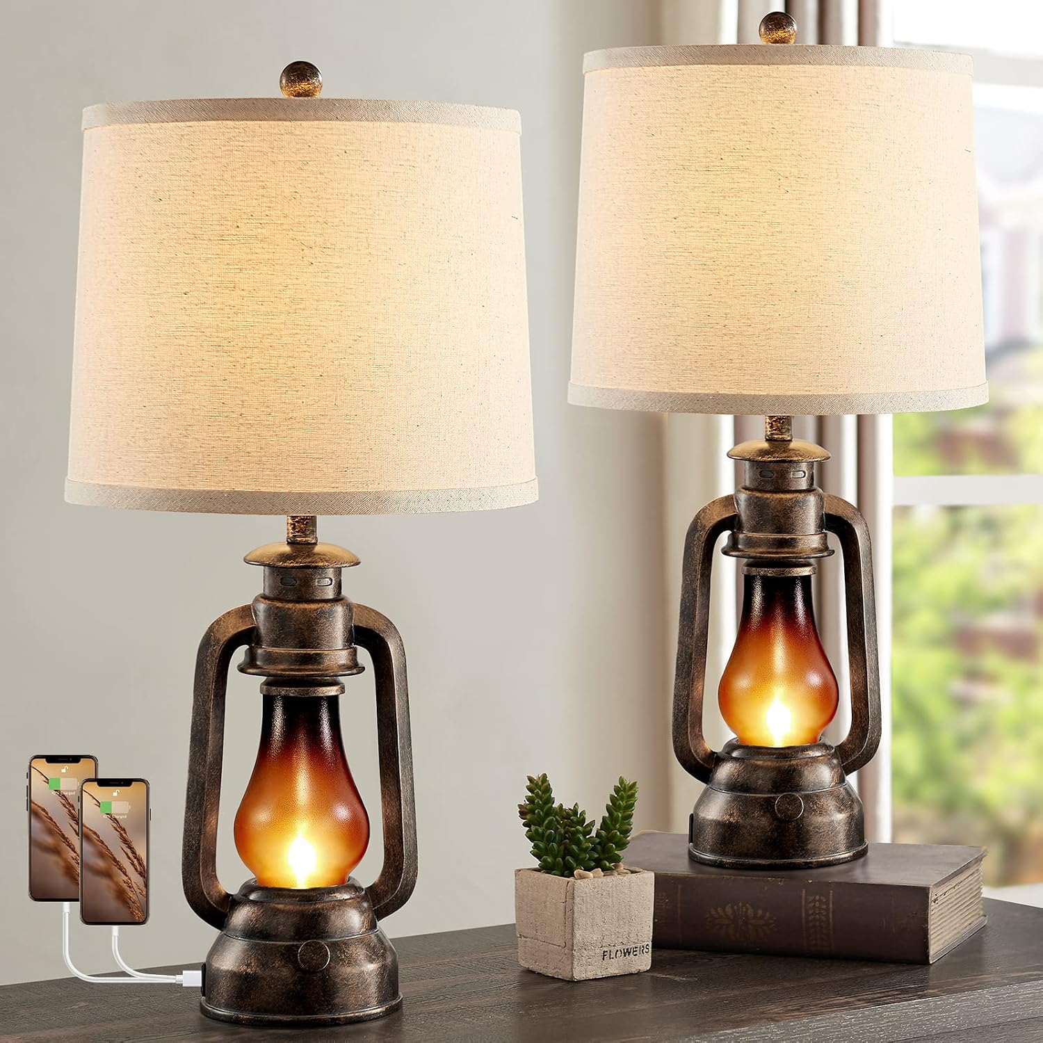 Farmhouse Rustic Table Lamps for Bedroom Set of 2, Vintage Lantern Lamp with Dual USB Charging Ports,25" Retro Antique Bedside Nightstand…