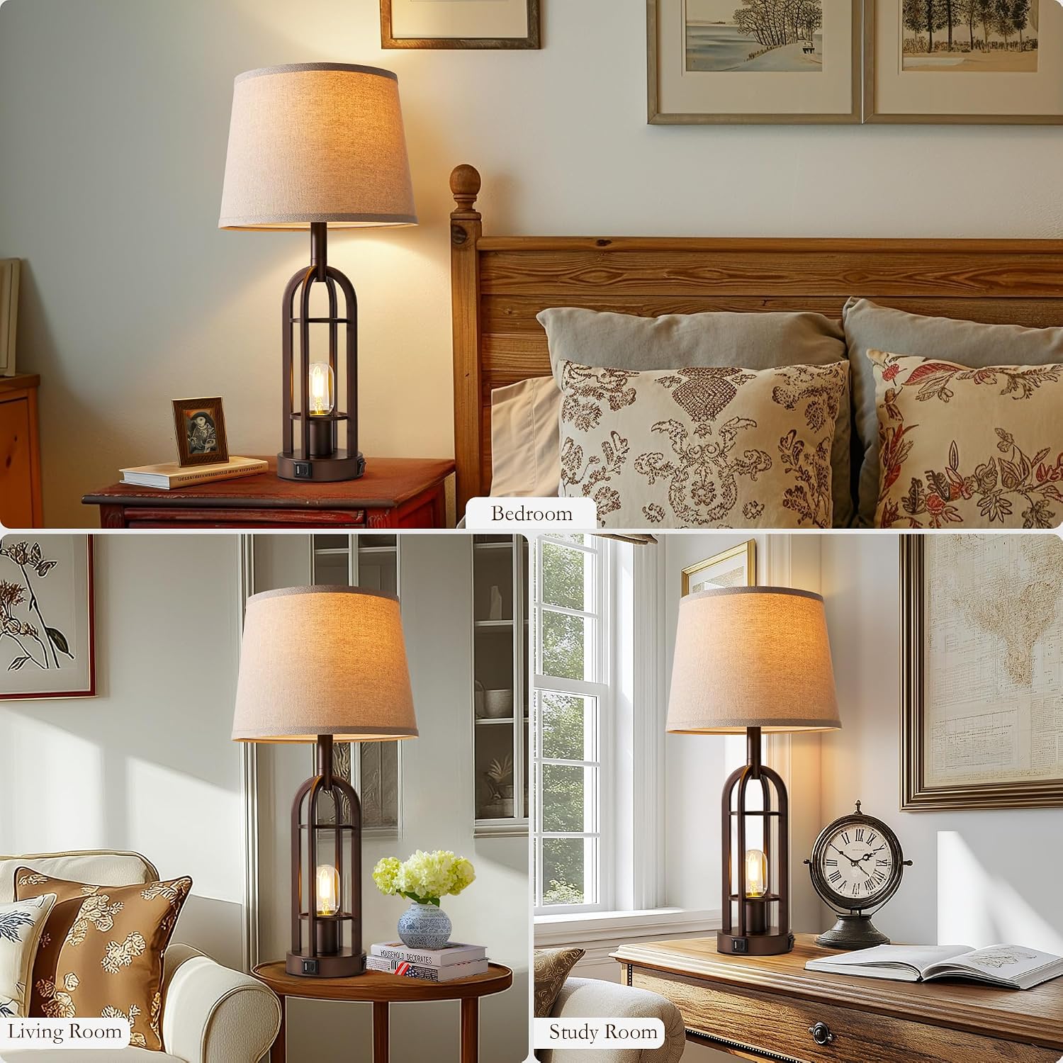 SRJJA Table Lamps for Living Room End Table Set of 2 - Farmhouse Industrial Bedside Lamps for Bedroom Nightstand with Nightlight and USB…