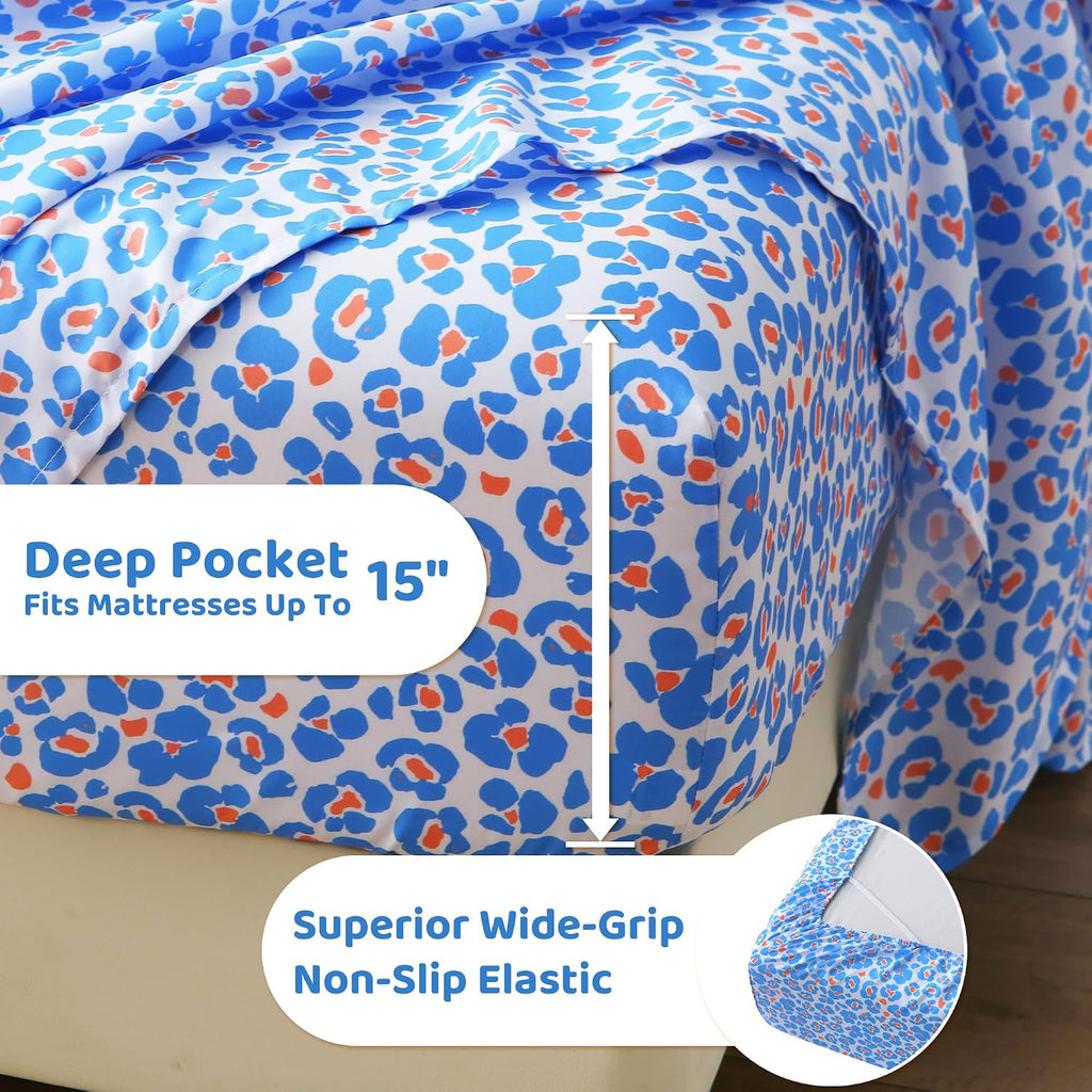 mooreeke Leopard Cheetah Printed Twin Bed Sheets, Soft Microfiber Bedding Sheets & Pillowcases, Deep Pocket Non-Slip Fitted Twin Sheet, Blu…