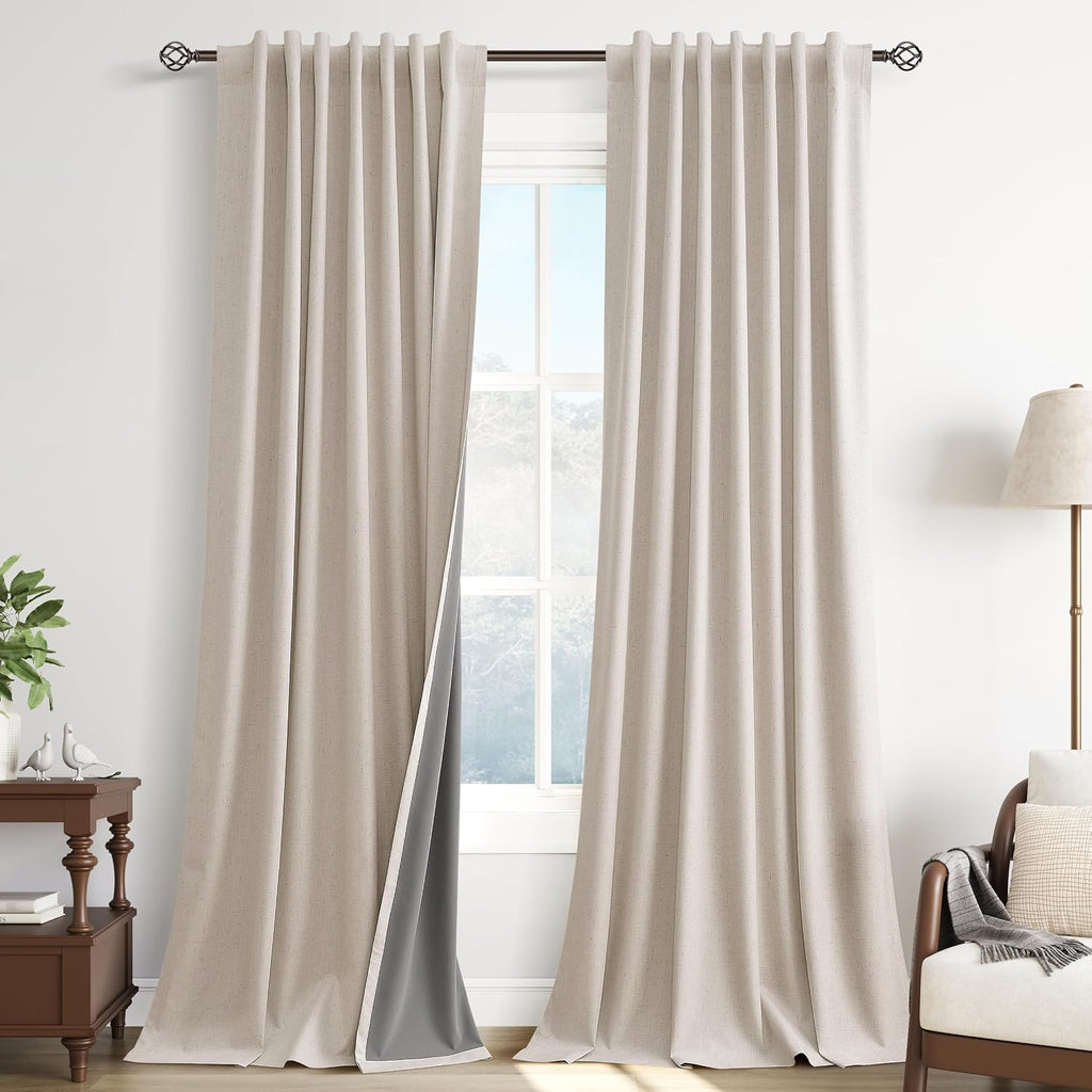 Guken Natural 100% Blackout Linen Curtains 102 Inch Length for Bedroom Back Tab Hook Belt Room Darkening Black Out Farmhouse Thermal Insula…