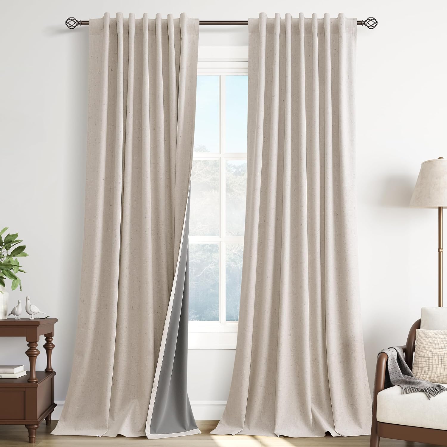 Guken Natural 100% Blackout Linen Curtains 102 Inch Length for Bedroom Back Tab Hook Belt Room Darkening Black Out Farmhouse Thermal Insula…