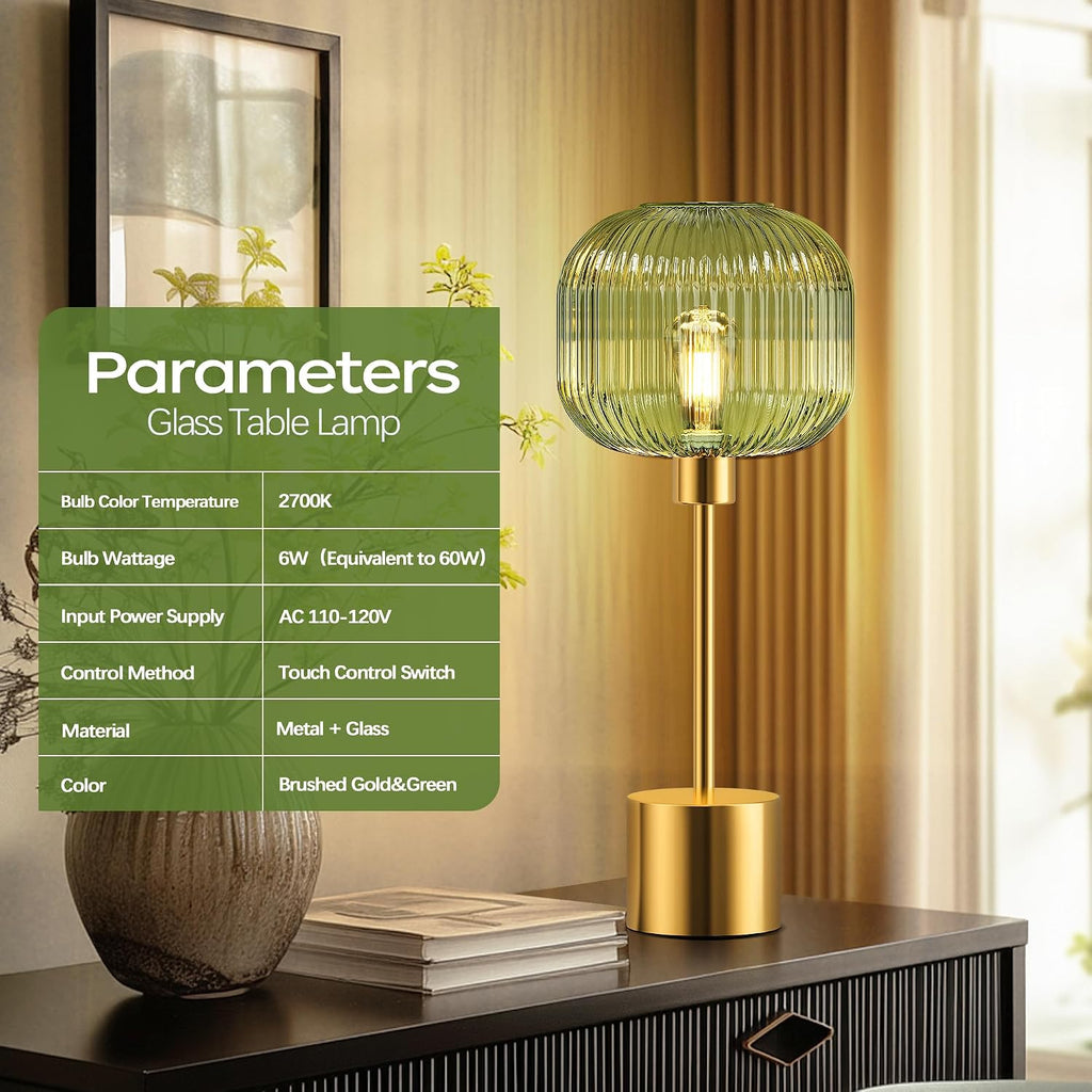 QiMH Glass Table Lamp for Living Room, Modern Bedside Lamp with Green Ribbed Glass Shade, 3-Way Dimmable Touch Control Nightstand Lamp…