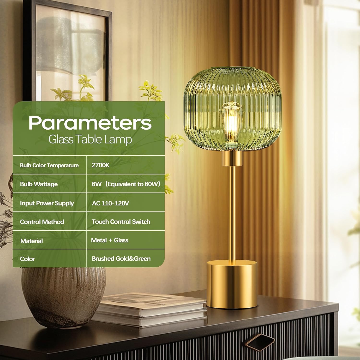 QiMH Glass Table Lamp for Living Room, Modern Bedside Lamp with Green Ribbed Glass Shade, 3-Way Dimmable Touch Control Nightstand Lamp…