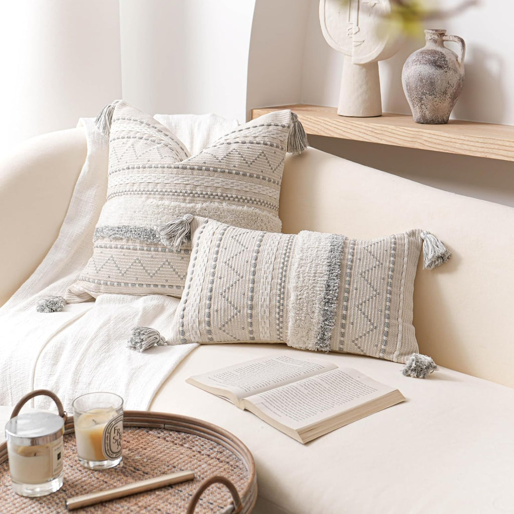 BlissBlush 12x20 Lumbar Pillow Cover, Cream Neutral Rectangular Decorative Cushion Cover with Gray Pattern, Boho Accent Pillowcase with…