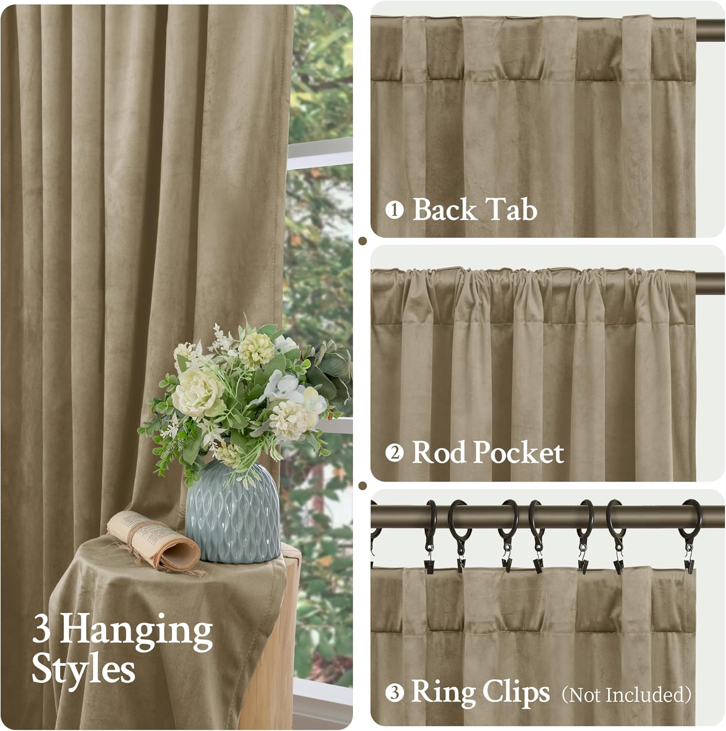 Lamit Velvet Curtains 90 Inch for Living Room, Dark Taupe Thick Thermal Insulated Drapes Vintage Room Darkening Farmhouse Back Tab and Rod…