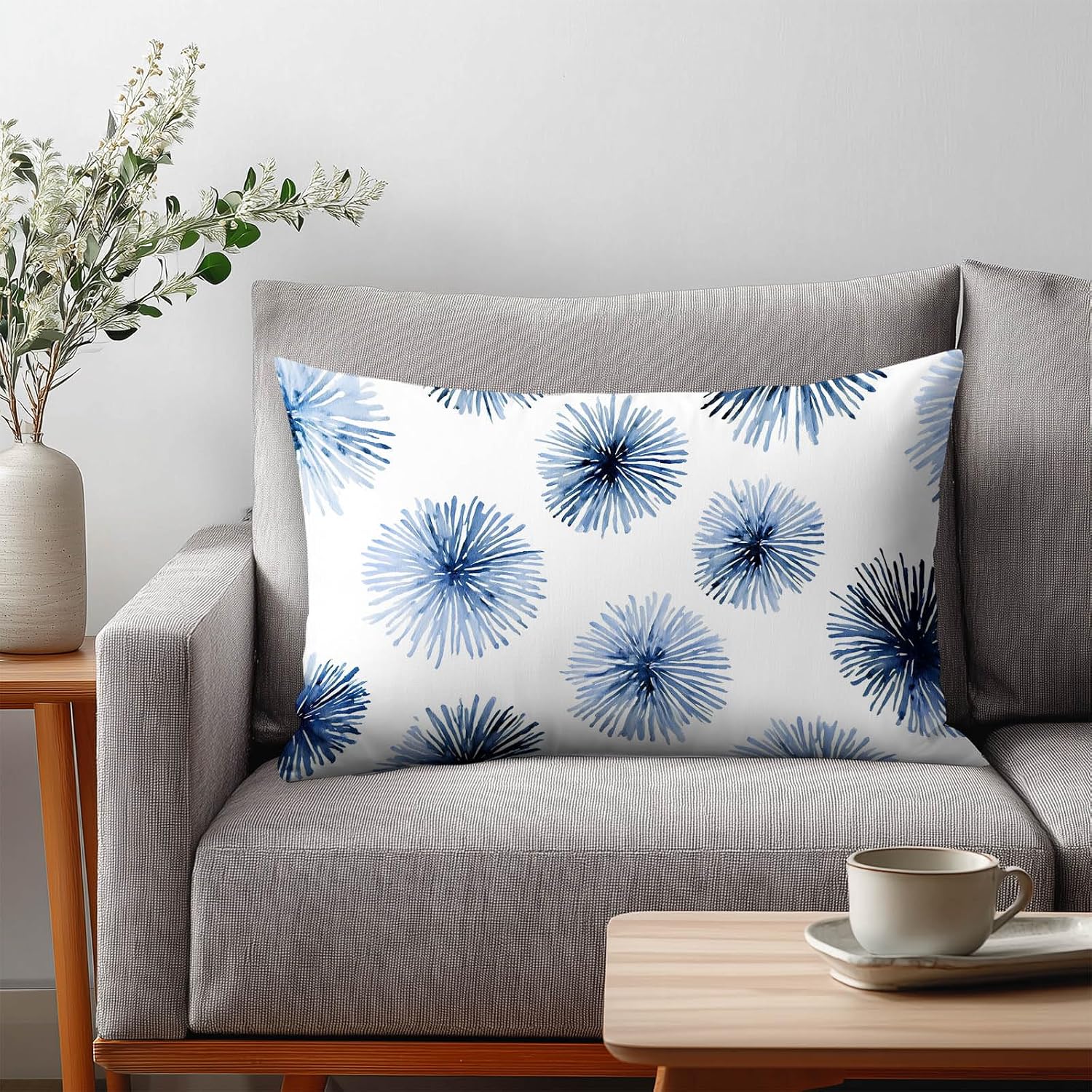 HOMETITUTE Pillow Covers Decorative Pack of 2 Satin 12x20 Inch Blue Abstract Floral Art Lumbar Throw Pillow Cases for Sofa Couch Living…