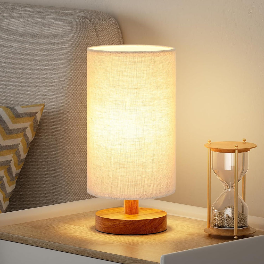 Fenmzee Small Table Lamp for Bedroom - Inline Control, Bedside Lamp with 3000K A15 LED Blub, Easy Assembly (Beige Shade - Walnut Base, 9"…