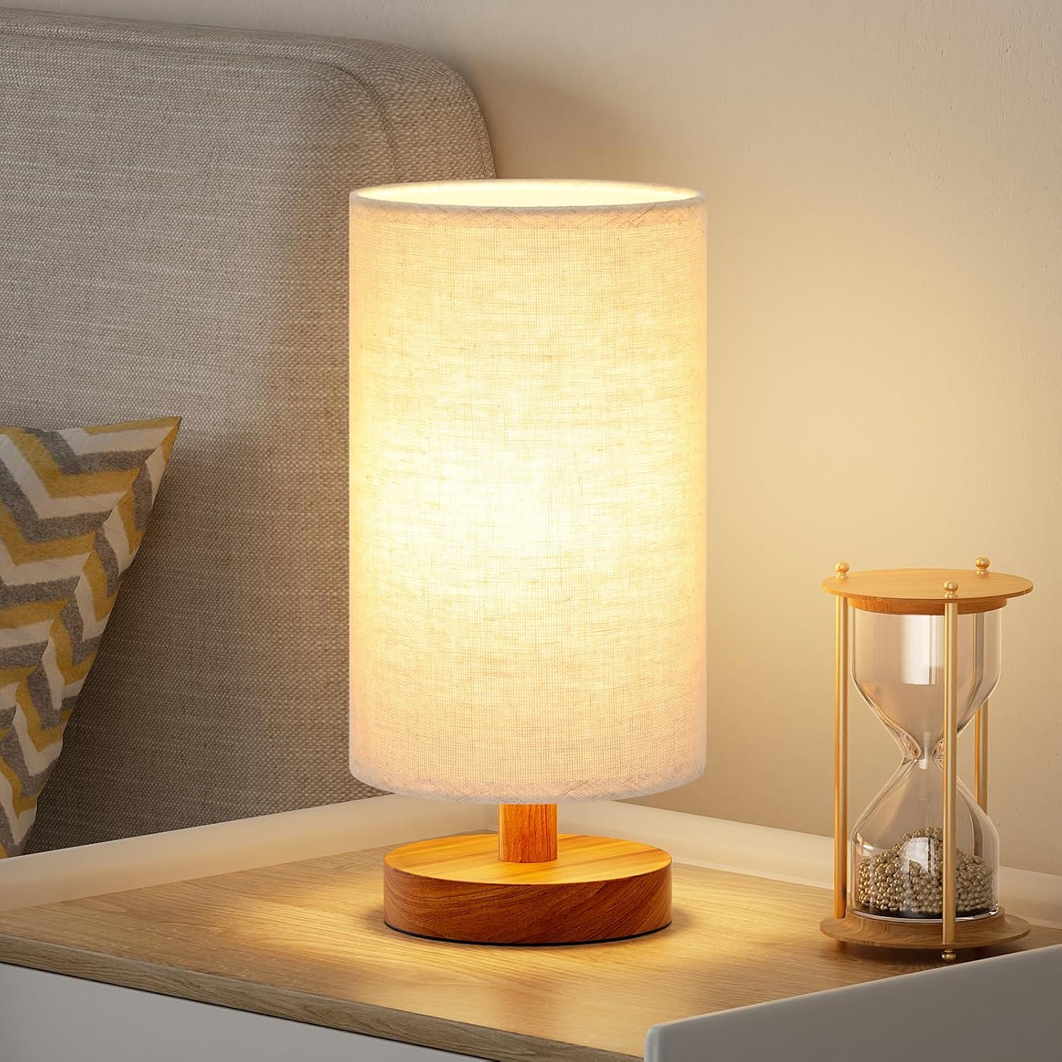 Fenmzee Small Table Lamp for Bedroom - Inline Control, Bedside Lamp with 3000K A15 LED Blub, Easy Assembly (Beige Shade - Walnut Base, 9"…