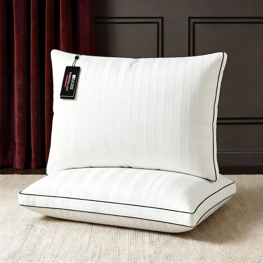 Blue Ridge Home Fashions Luxury Hotel Collection Bed Pillows King Size Set of 2, Soft Medium 500 Thread Count Damask Stripe Embroidered 100…