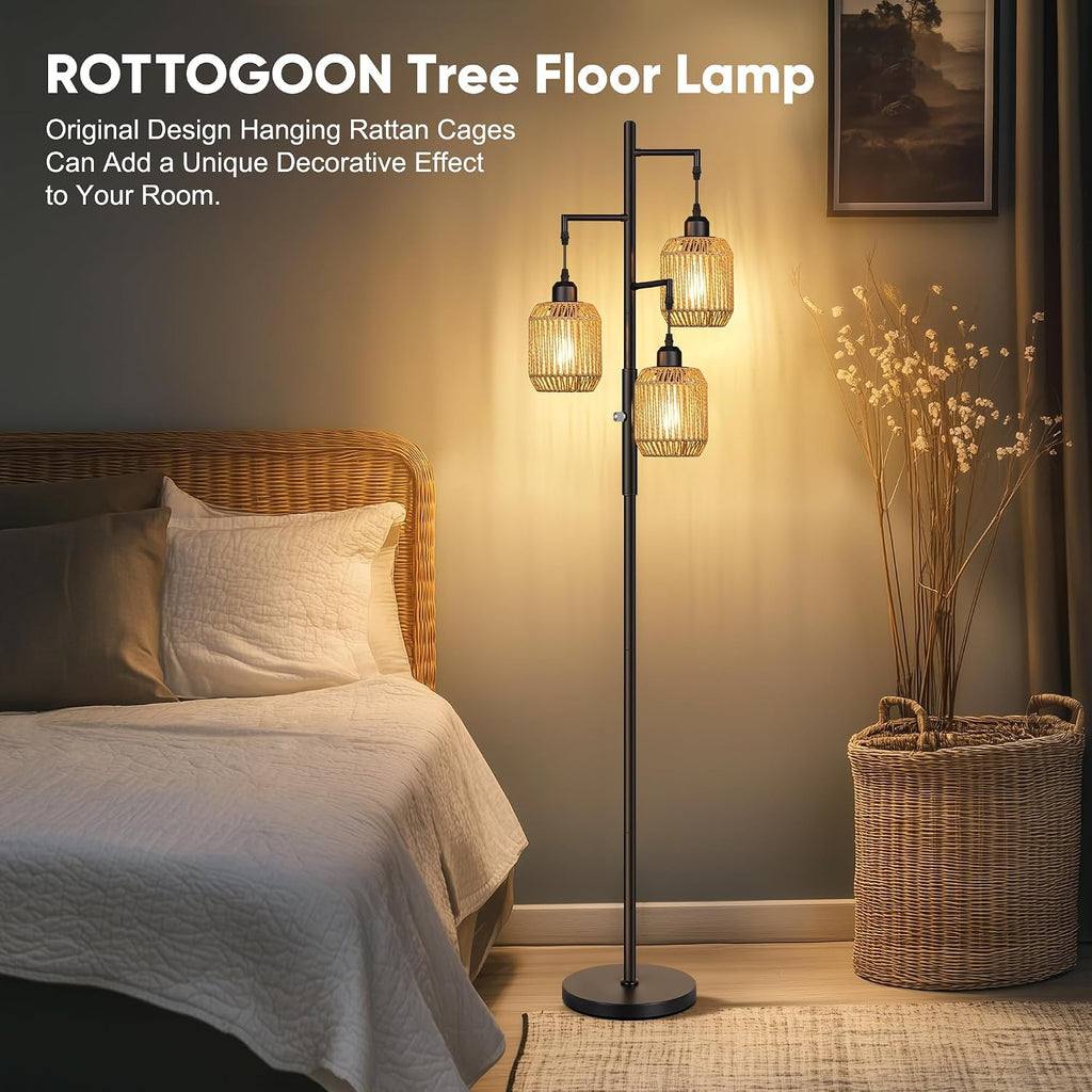 ROTTOGOON Dimmable Boho Floor Lamp - 3 Light Farmhouse Rattan Floor Lamp for Living Room, Industrial Tree Floor Lamps with 3 X 6W LED…