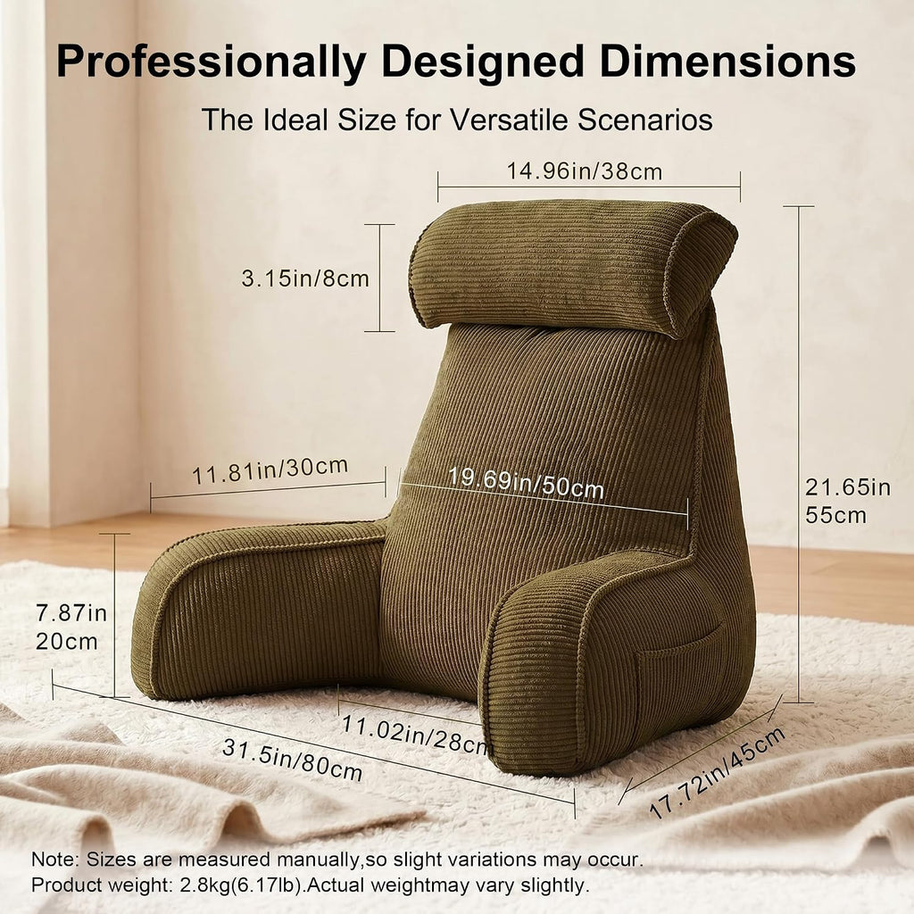 Ailuteie Bed Rest Reading Pillow with Arms & Detachable Headrest, Corduroy Backrest Cushion with Side Pockets & Washable Cover, Support for…