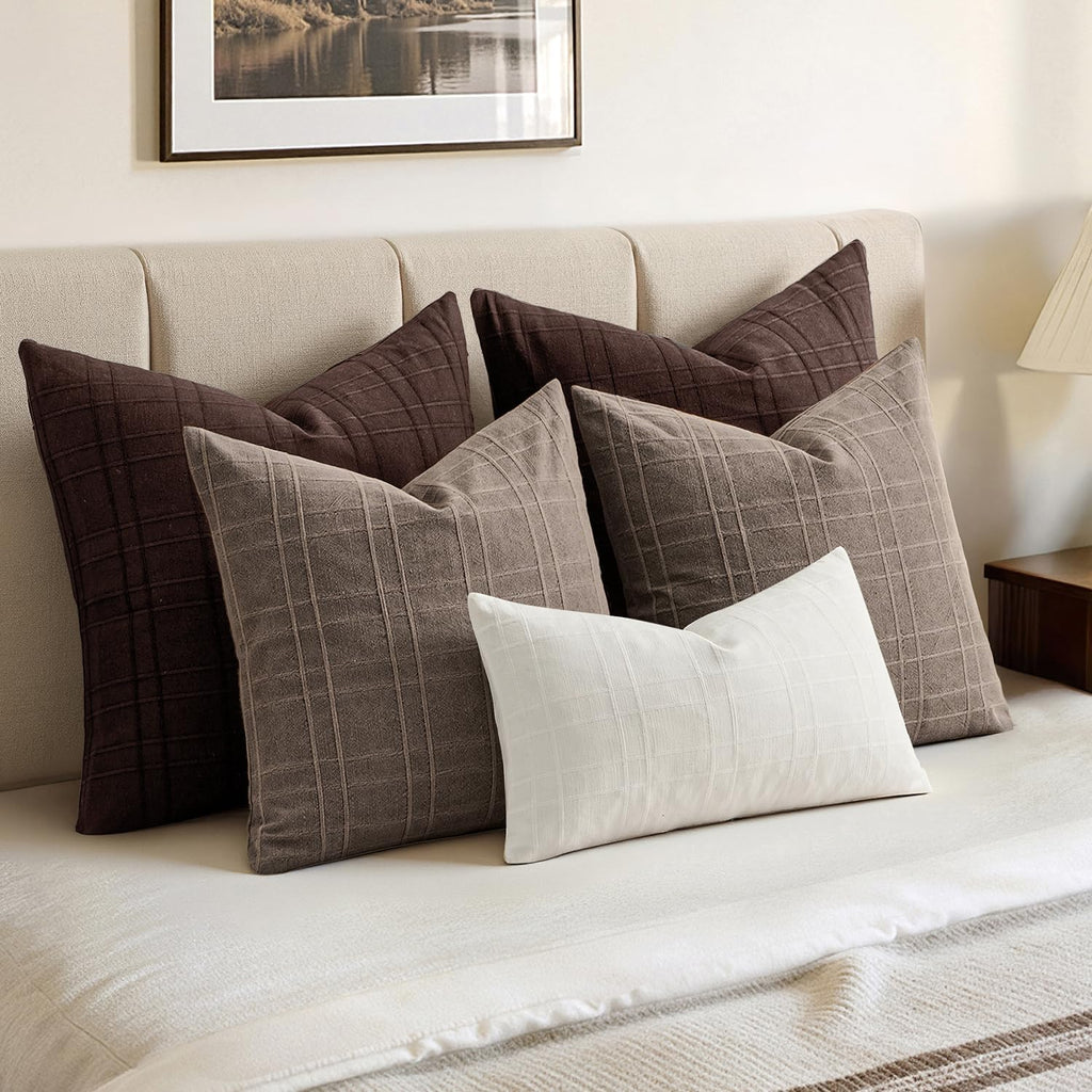 Miulee Decorative Linen Check Euro Shams Throw Pillow Covers Neutral Farmhouse Vintage Pillow Covers 24x24 Set of 2 Boho Modern Winter Home…