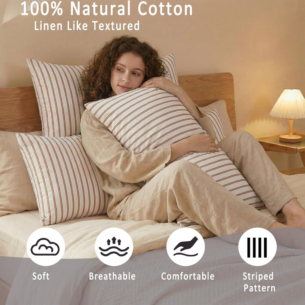 Merryword 100% Cotton Pillow Cases, Queen Size Pillowcases, Beige and Terracotta Striped Pillowcases, Soft Breathable Engineered Stripes Pi…