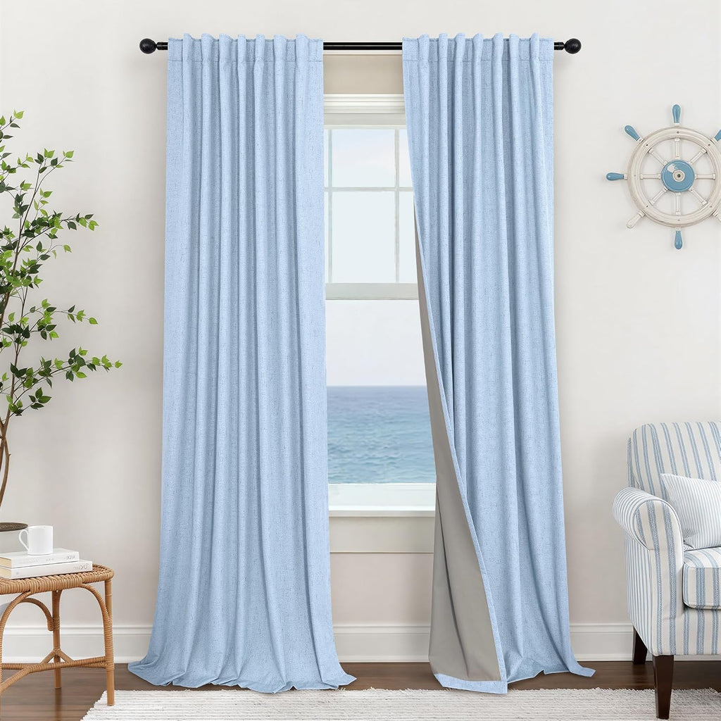 Pitalk Total Blackout Baby Blue Linen Curtains 108 Inches Long 2 Panel Set Light Blue Pale Sky Colored Floor to Ceiling Thermal Spring Summ…