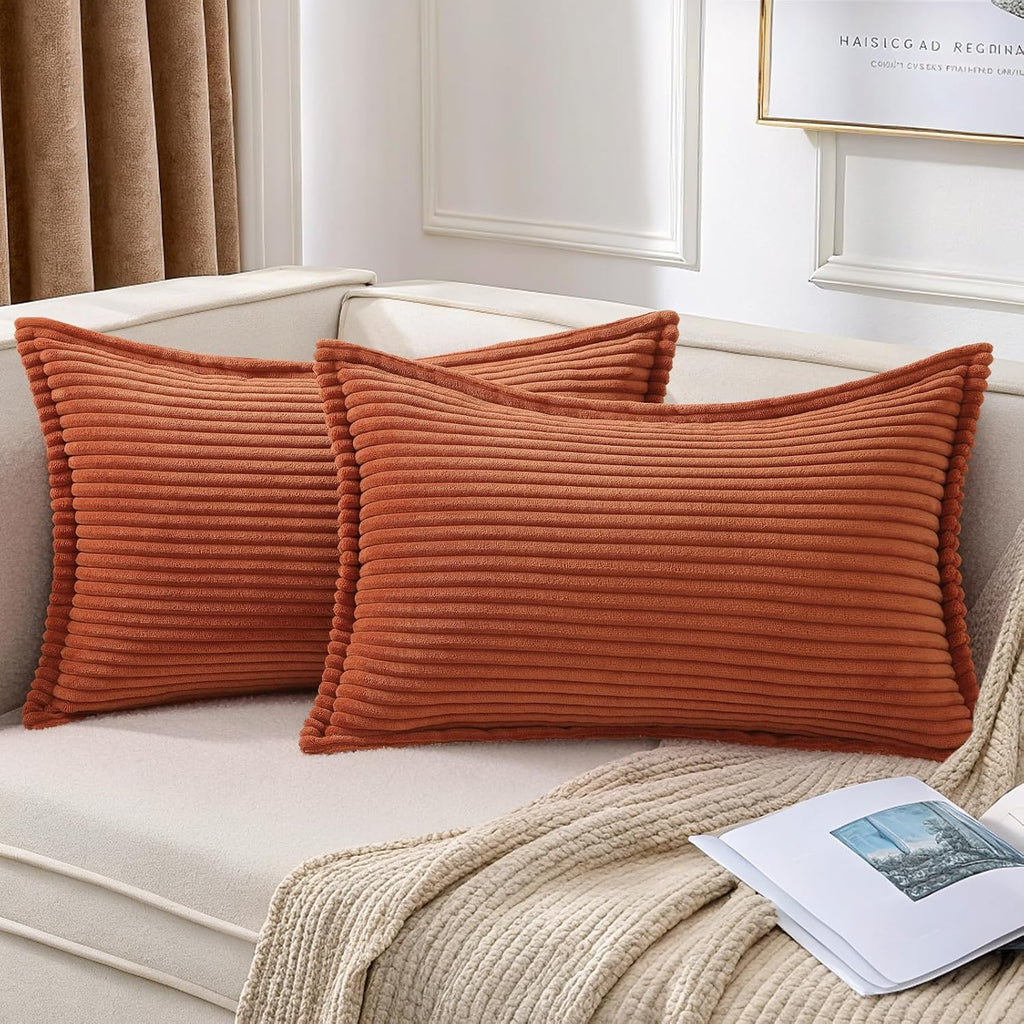Mecatny Corduroy Summer Throw Pillow Covers 12x20 Set of 2, Neutral Decorative Soft Burnt Orange Boho Lumbar Couch Pillow Covers with…