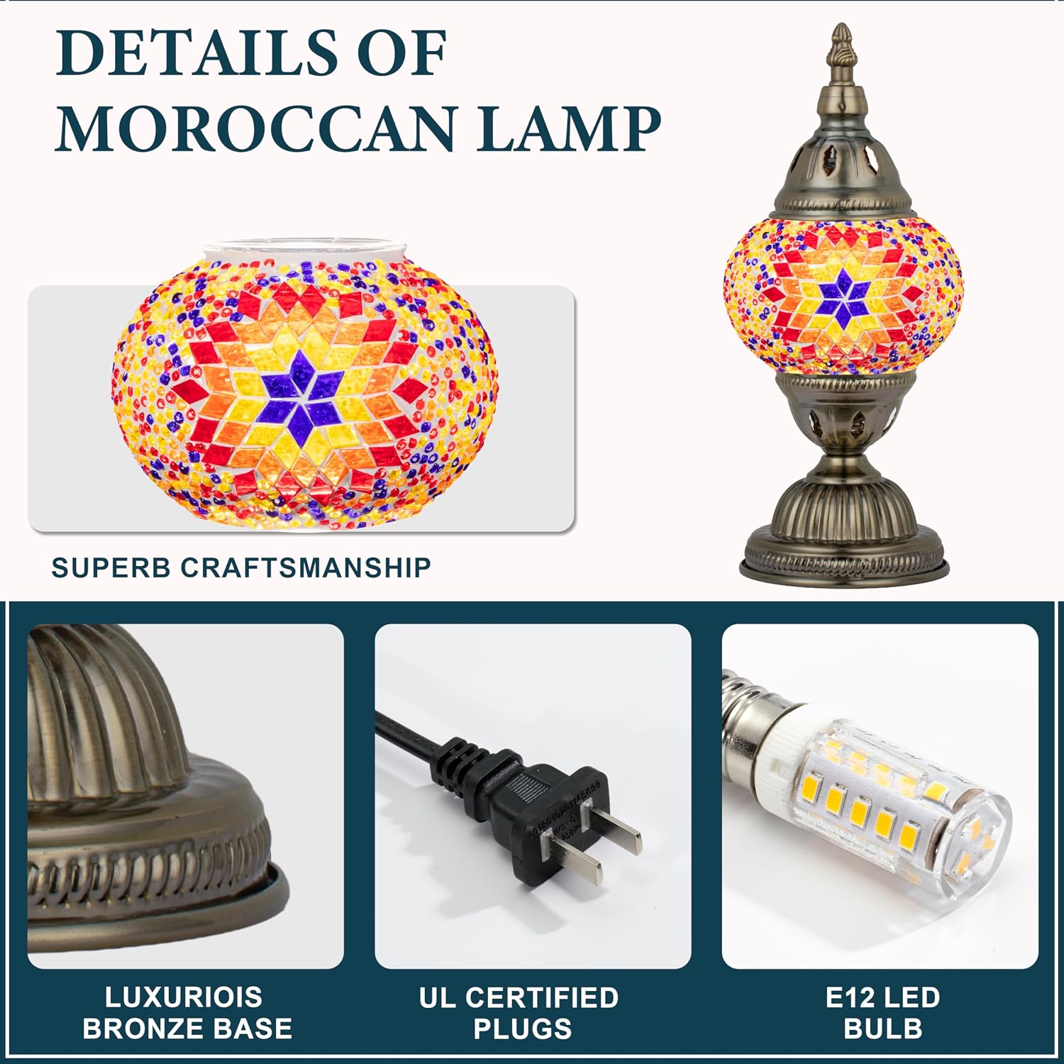 Marrakech Tiffany Lamp Turkish Table Lamps with Vintage Style, Handmade Moroccan Mosaic Lamp with Bronze Base Including LED Bulb for…