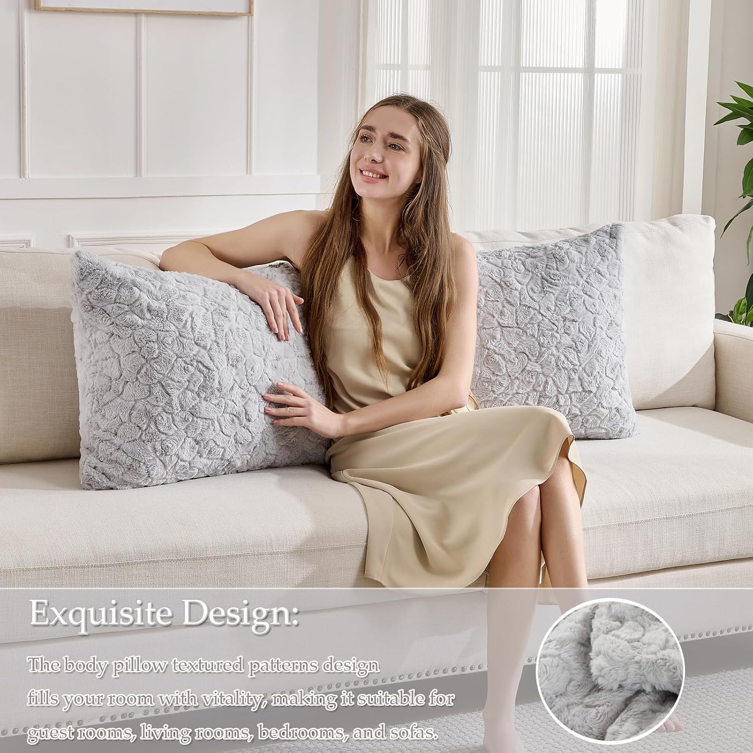 HKMR Fluffy Faux Rabbit Fur Body Pillow, Memory Foam Pregnancy Pillow for Side Sleep Body Pillow,20x54 Long Pillow for Adults-Light G…