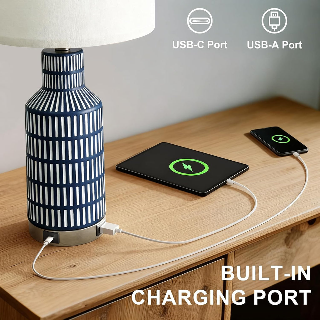 USumkky 25" Modern 3-Way Dimmable Touch Control with USB A+C Ceramic Lamps Set of 2 Table Lamp for Living Room Bedroom Farmhouse…