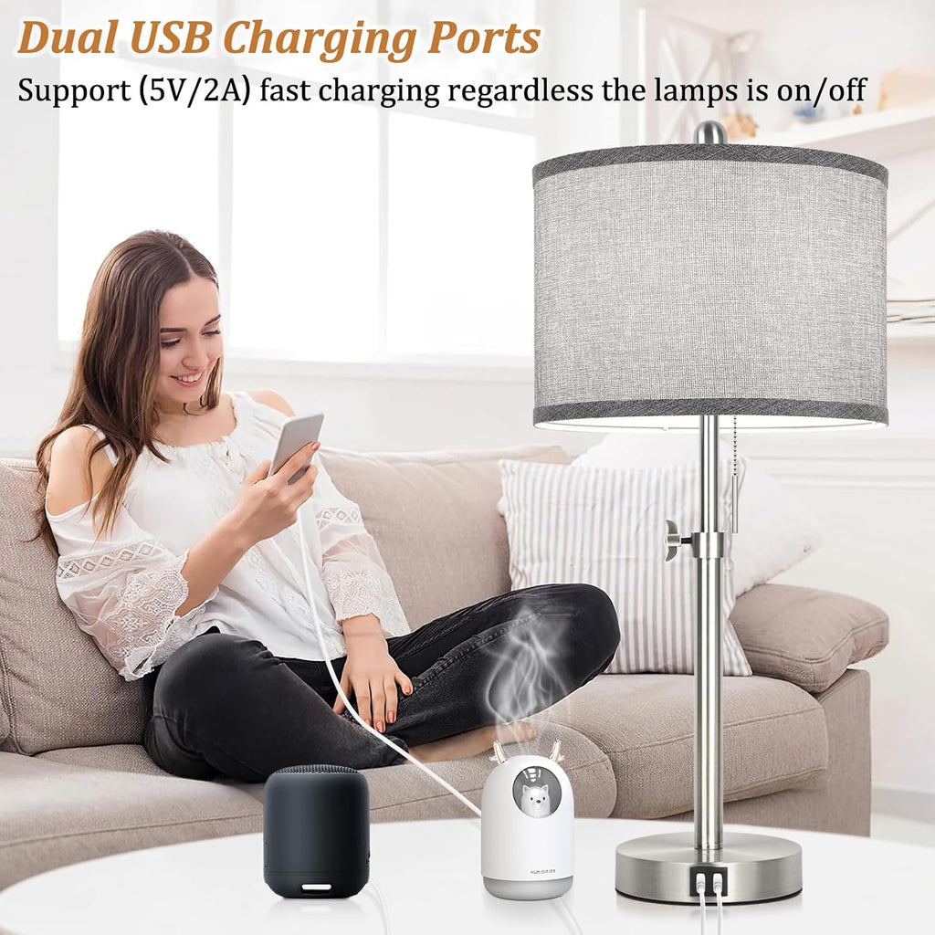 Silver Table Lamps Set of 2 for Living Room Bedroom, 23''-30'' Adjustable Height Bedside Lamps with 2 USB Ports, Industrial Nickle…