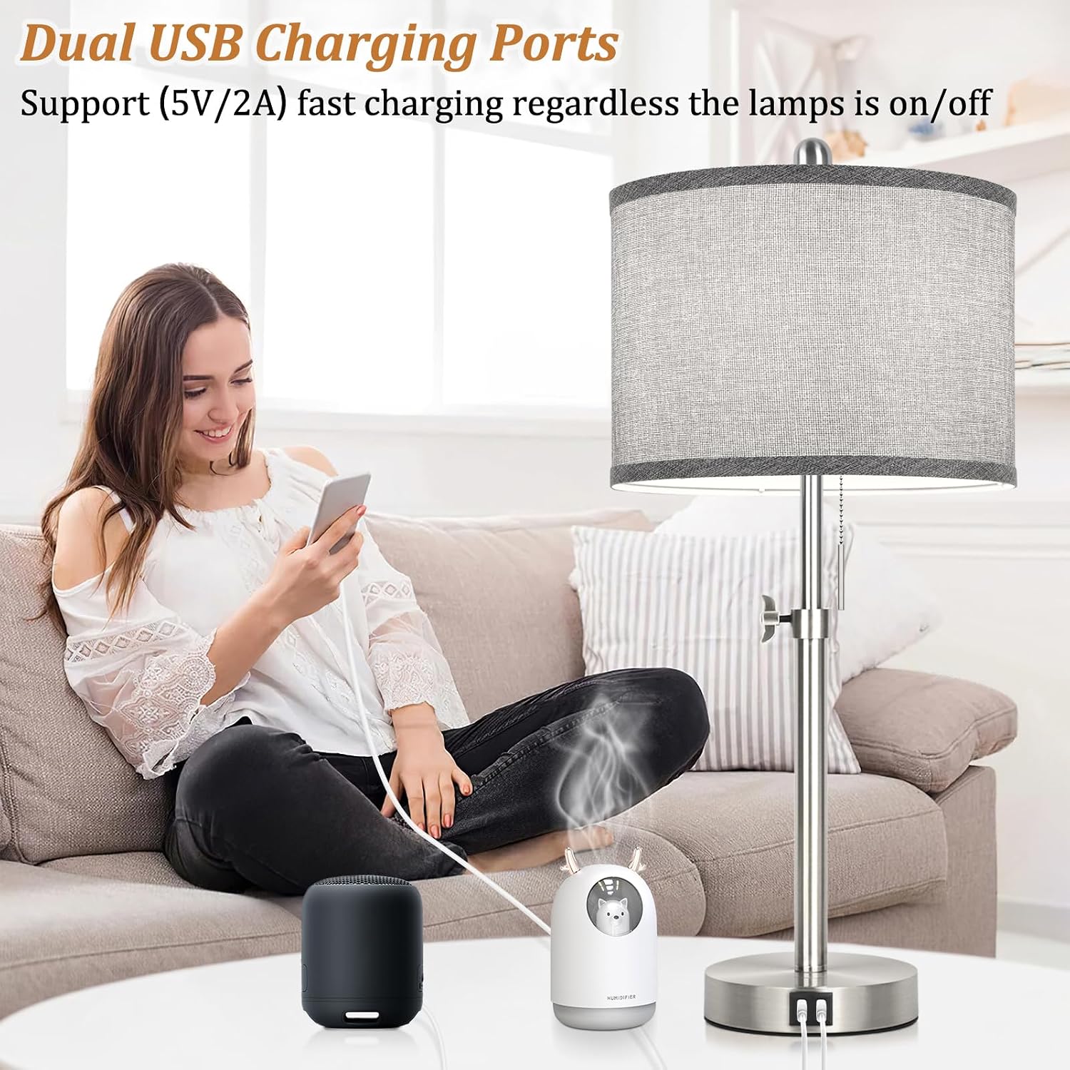Silver Table Lamps Set of 2 for Living Room Bedroom, 23''-30'' Adjustable Height Bedside Lamps with 2 USB Ports, Industrial Nickle…