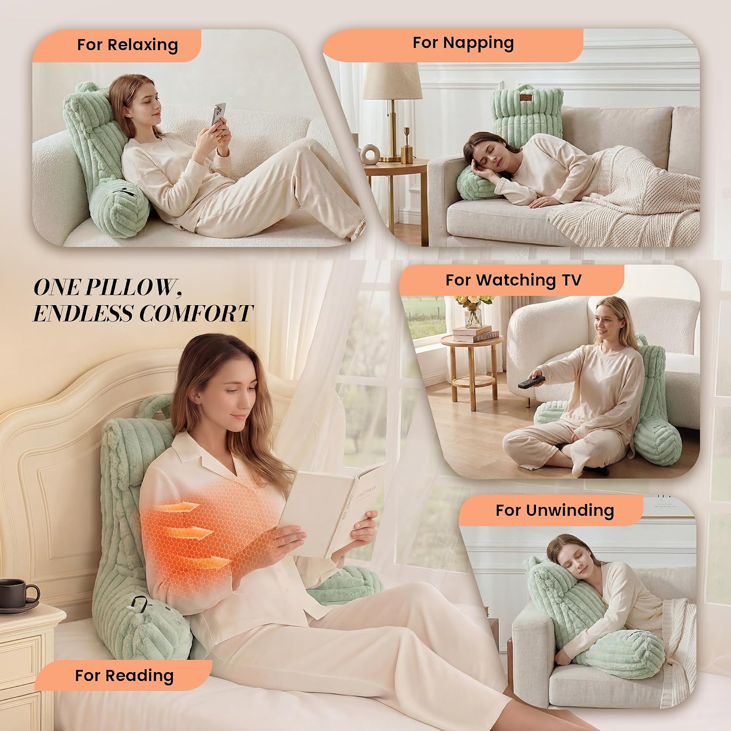 Amélie Home Heated Faux Fur Reading Pillow 3 Temperature Backrest for Sitting in Bed Support Cushion, USB-Powered(No Power Bank Included)…