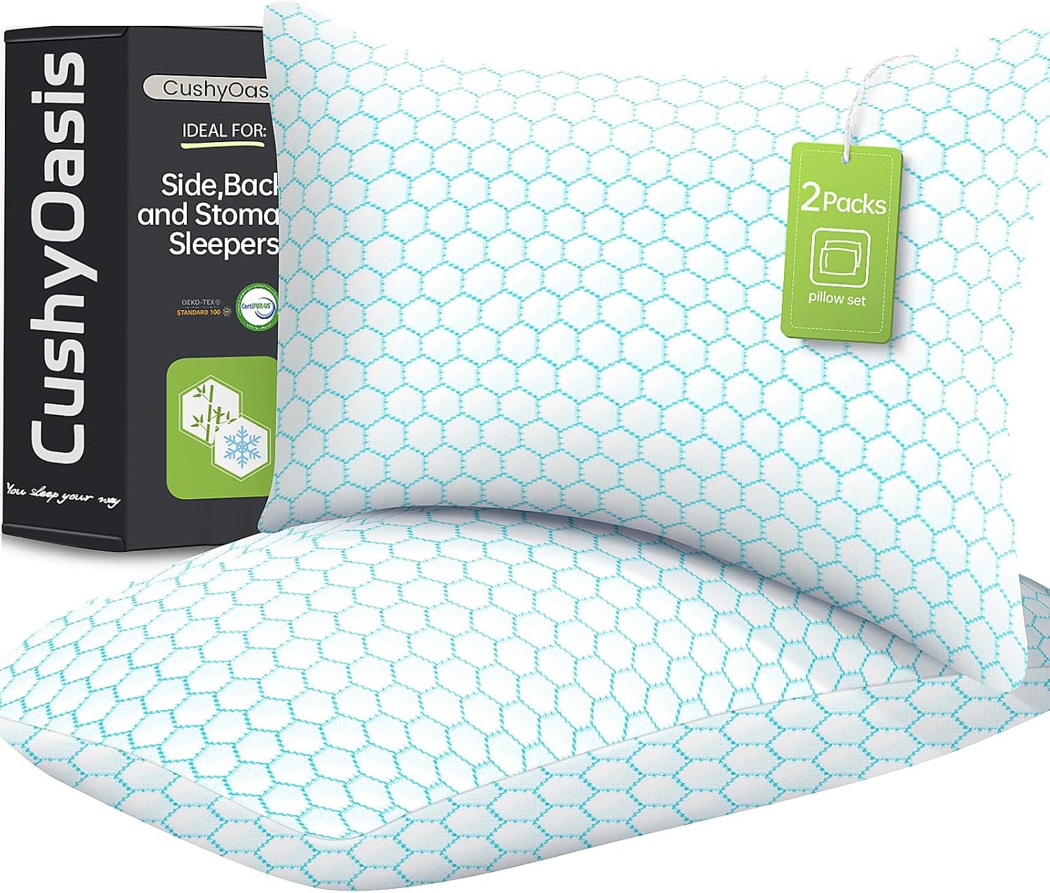 CushyOasis Shredded Memory Foam Pillow for Sleeping, Cooling Bed Pillows Set of 2, Adjustable Pillows for Side, Back, Stomach Sleepers with…