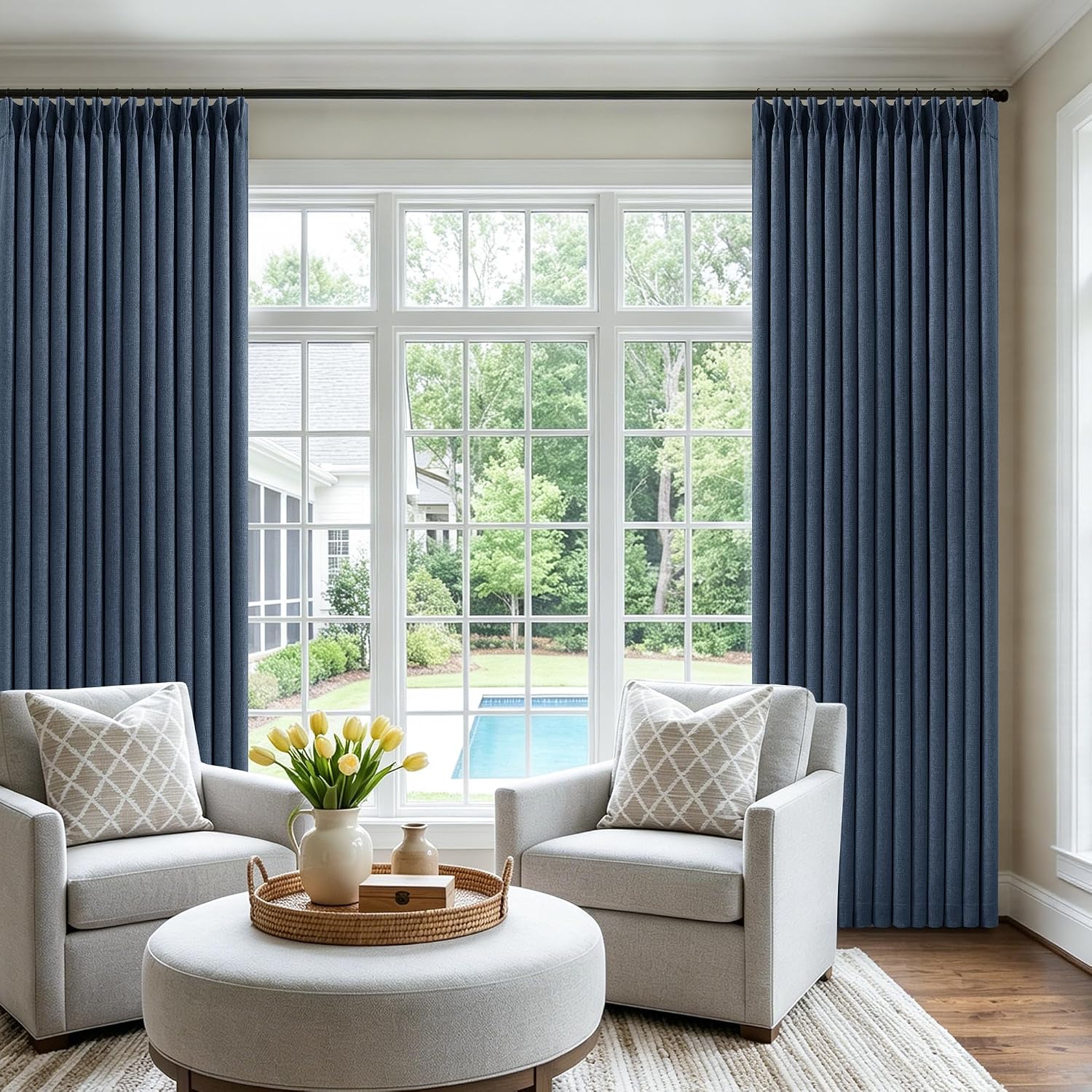 80 Inch Pinch Pleated Blackout Linen Curtains for Bedroom 2 Panels Memory Trained 100% Black Out Soundproof Room Darkening Navy Window…