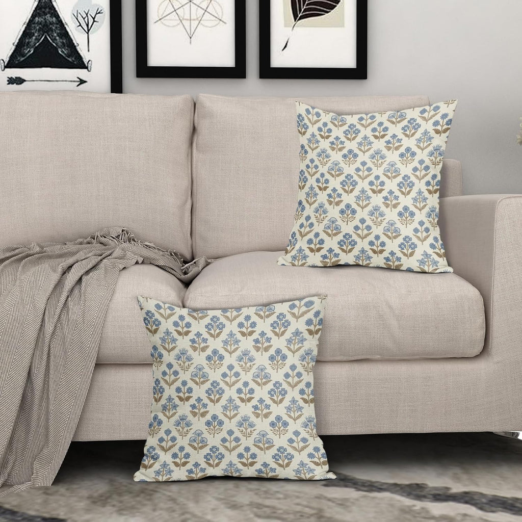 Brown Blue Floral Block Print Pillow Covers 16x16 Inch Set of 2, Vintage Flower Pattern Decorative Throw Pillowcases Outdoor Farmhouse…