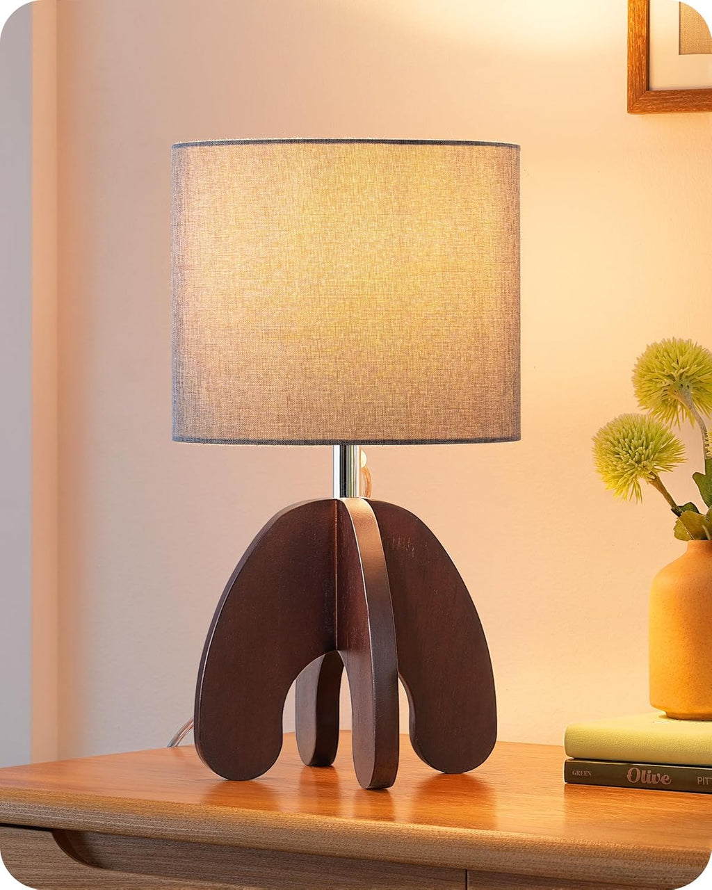 EDISHINE Modern Table Lamp with Integrated Four-Legged Wooden Base, Small Bedside Lamp with Grey Linen Lampshade, Cute Nightstand Lamp…
