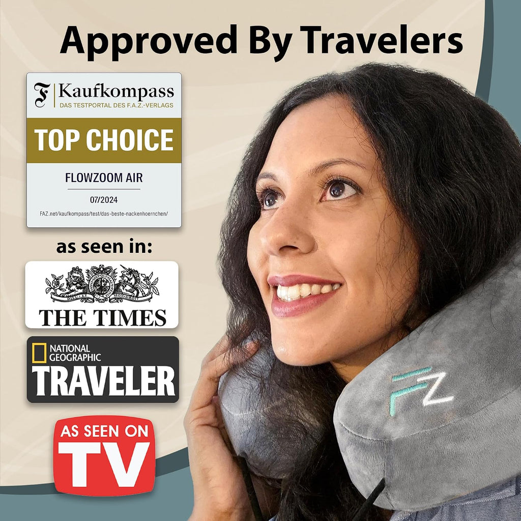 FLOWZOOM Air Inflatable Neck Pillow for Traveling on Plane - H-Shape Hooded Travel Pillow with 5 Snooze Modes, Fast Inflation, Pressure…